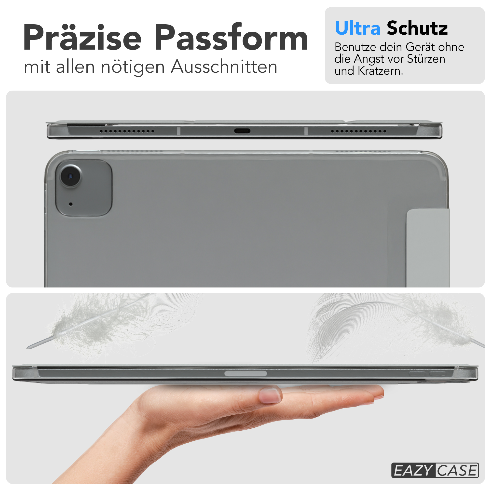 Drei Ansichten einer Tablet-Hülle. Text sagt 'präzise Passform' und 'Ultra Schutz'.