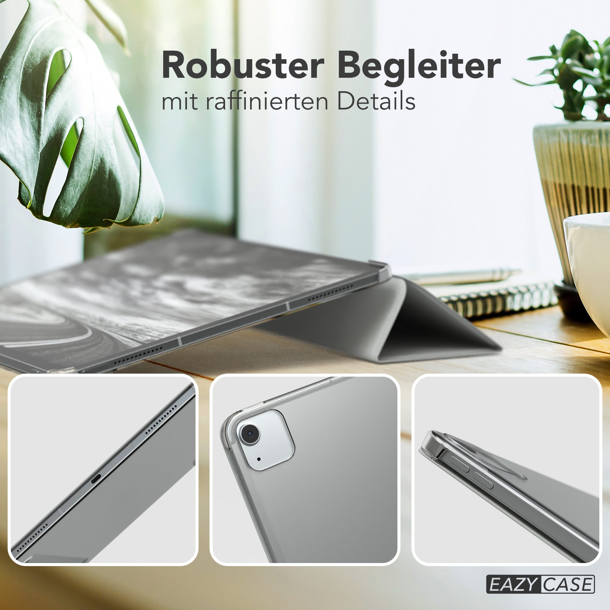 iPad Pro in grauer Hülle mit Details von Kanten und Rückseite.