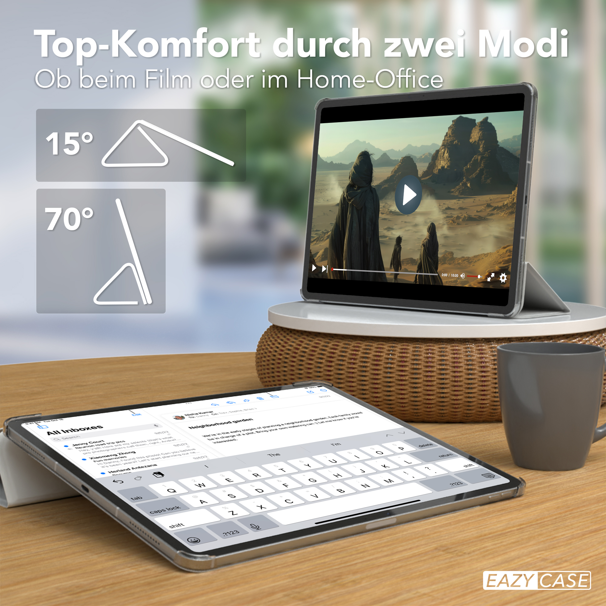 Tablet in Hülle, aufgestellt. Zeigt Film- und E-Mail-Bildschirm. Zwei verschiedene Winkel gezeigt.