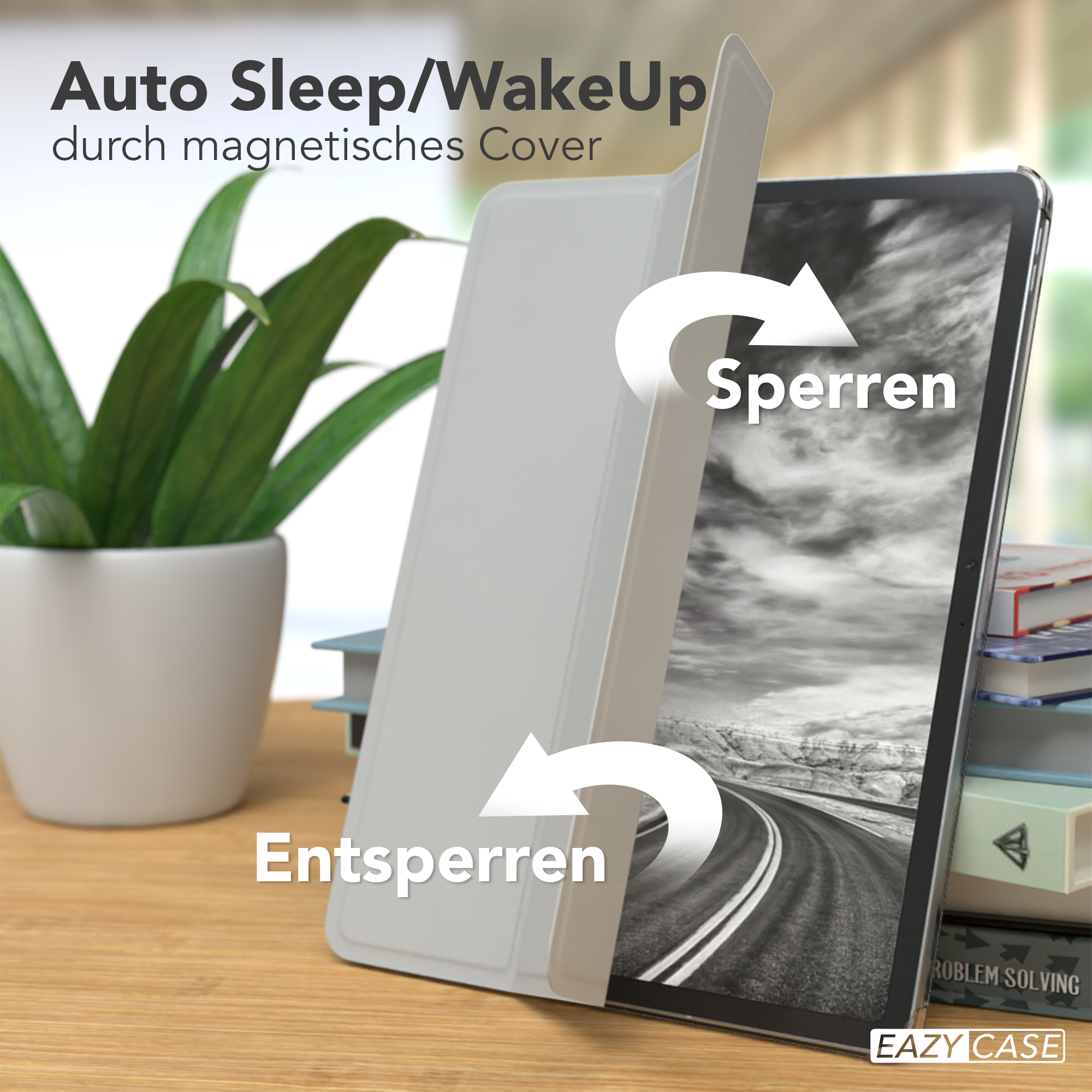 Tablethülle mit Abdeckung. Weiße Abdeckung schließt zum Sperren und öffnet zum Entsperren.