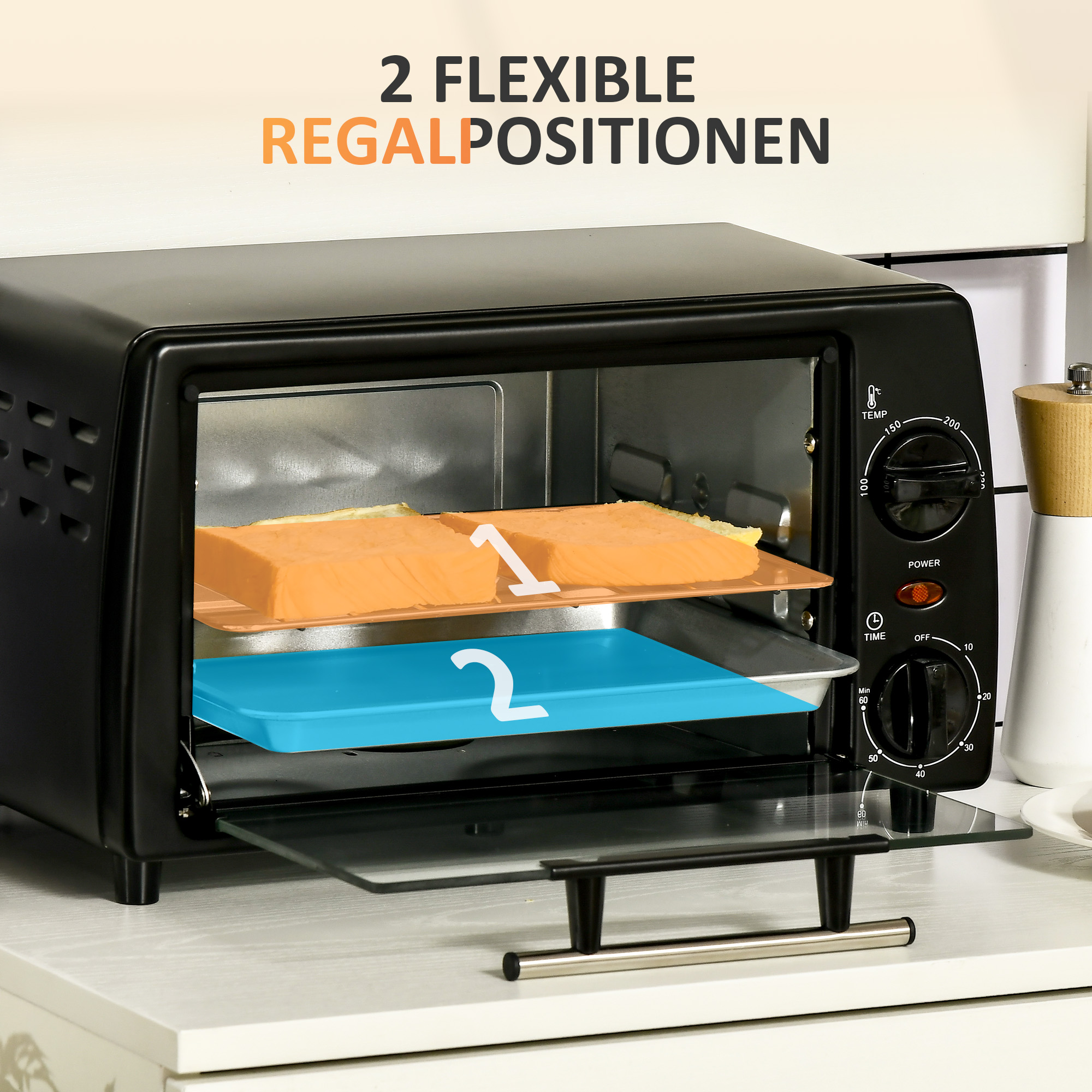 Schwarzer Toaster mit zwei Einschüben. Text zeigt 2 flexible Regalpositionen.