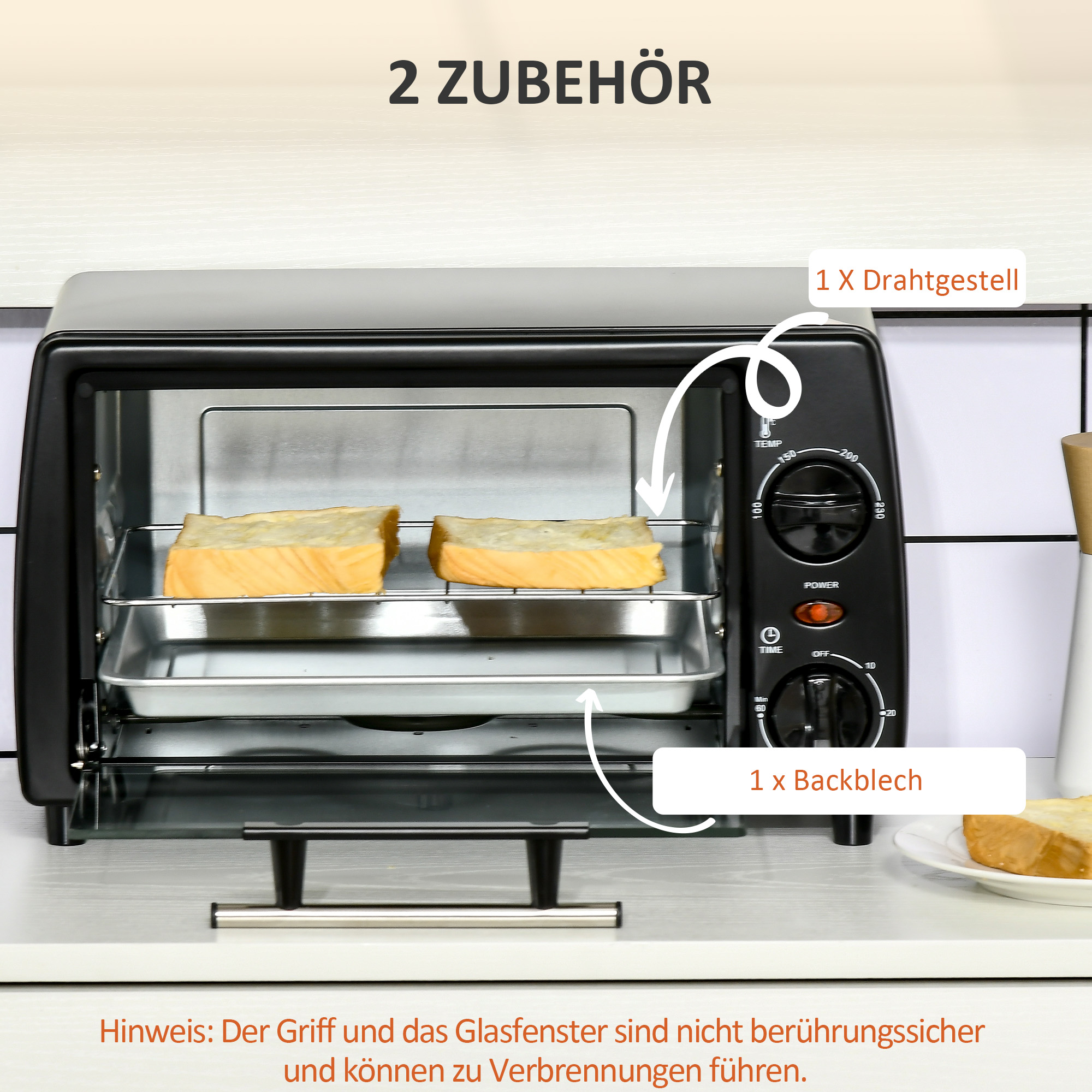 Ein schwarzer Toaster mit zwei Brotscheiben, mit Textbeschriftungen.