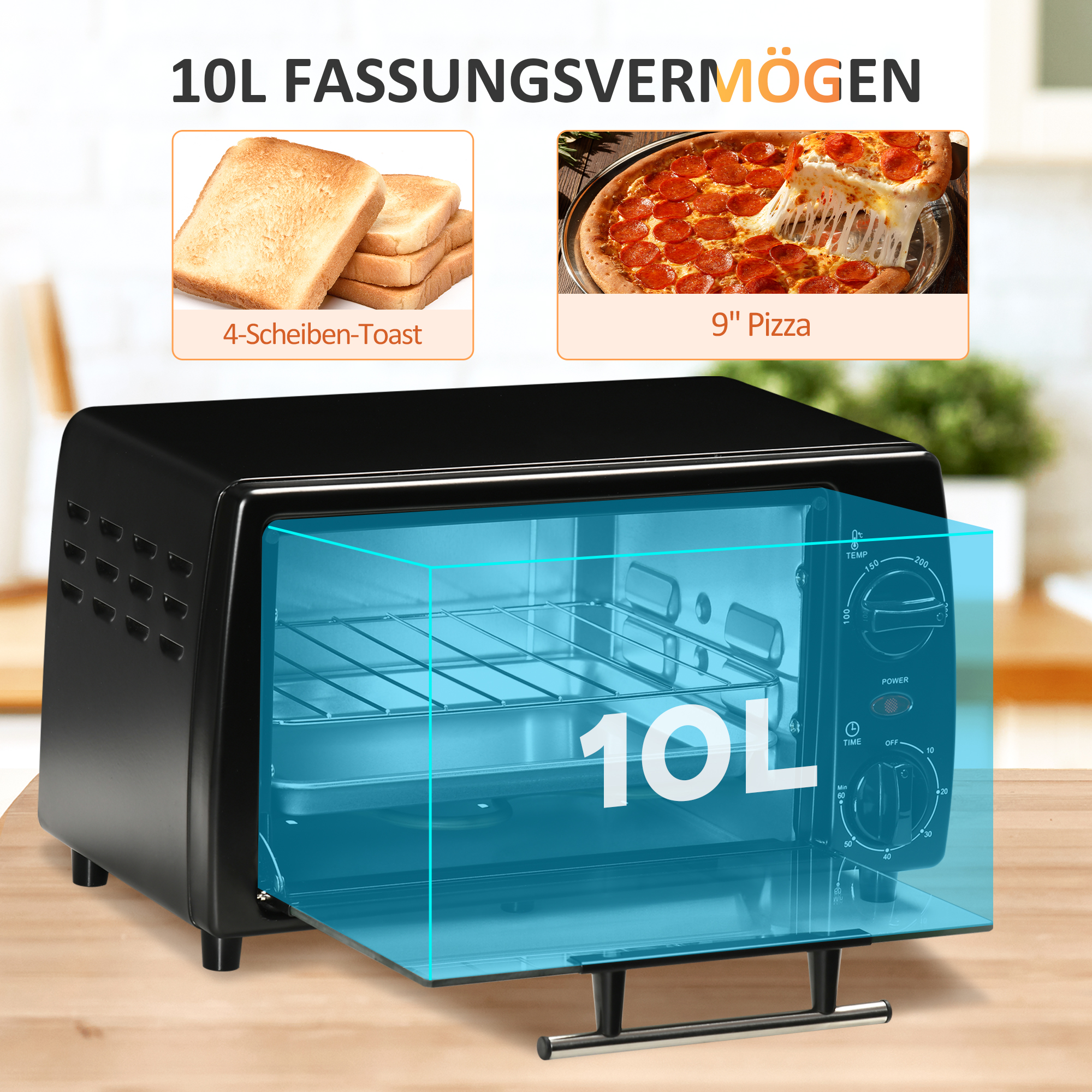 Schwarzer Toasterofen mit Essen innen und oben. Der Ofen hat eine blaue Anzeige.