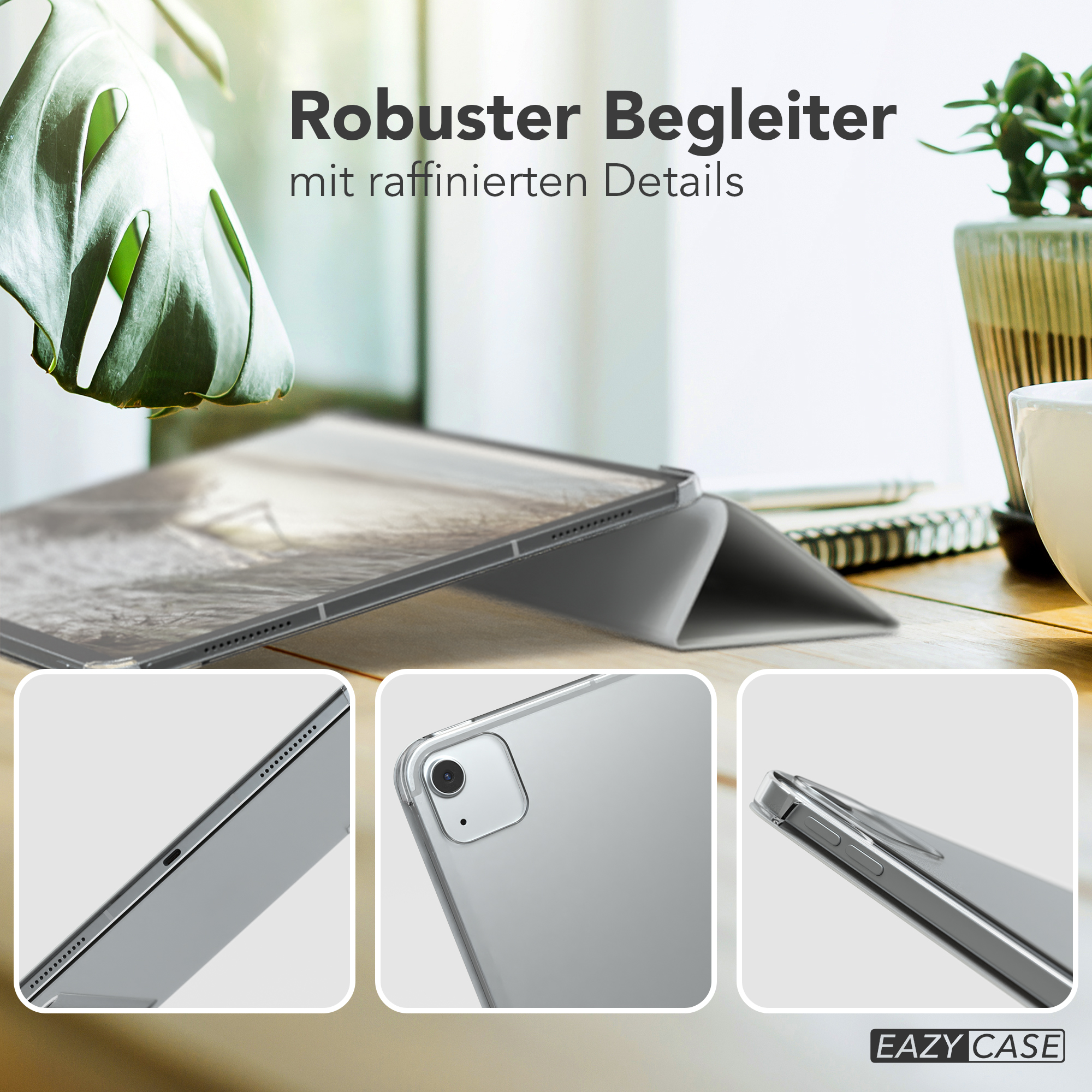 Tablet in einer Hülle mit Nahaufnahmen der Kanten und der Rückseite.