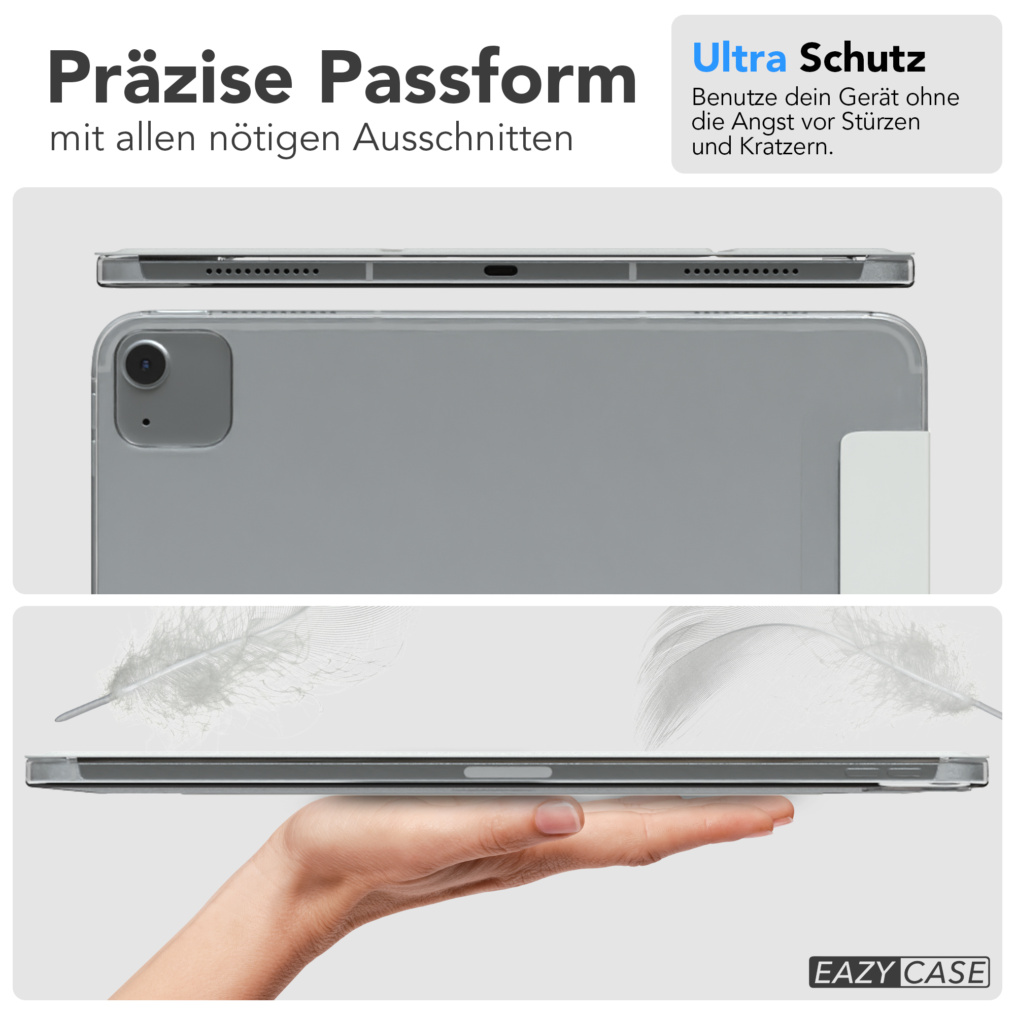 Eine graue Tablethülle mit Tablet, aus verschiedenen Winkeln gezeigt. Oben steht 'Präzise Passform'.