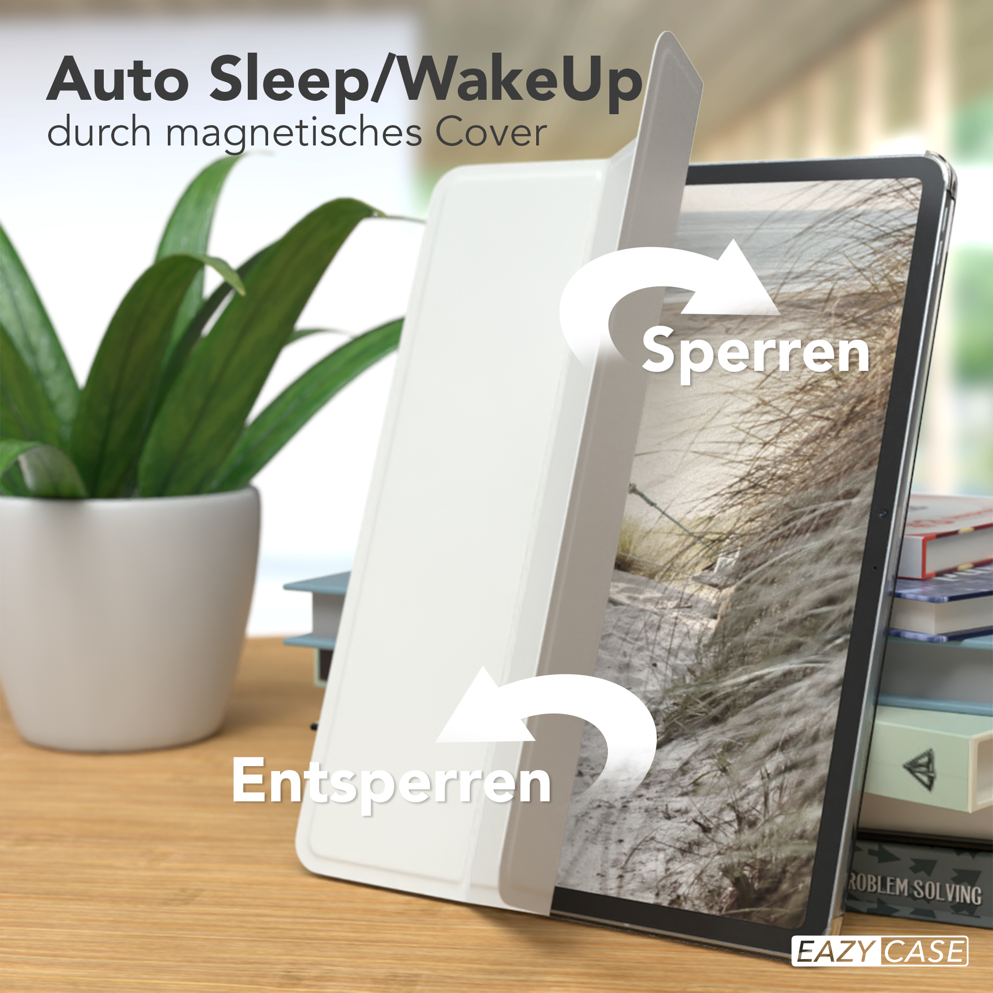 Ein Tablet mit weißem Cover liegt auf einem Holztisch. Der Text lautet 'Auto Sleep/WakeUp'.