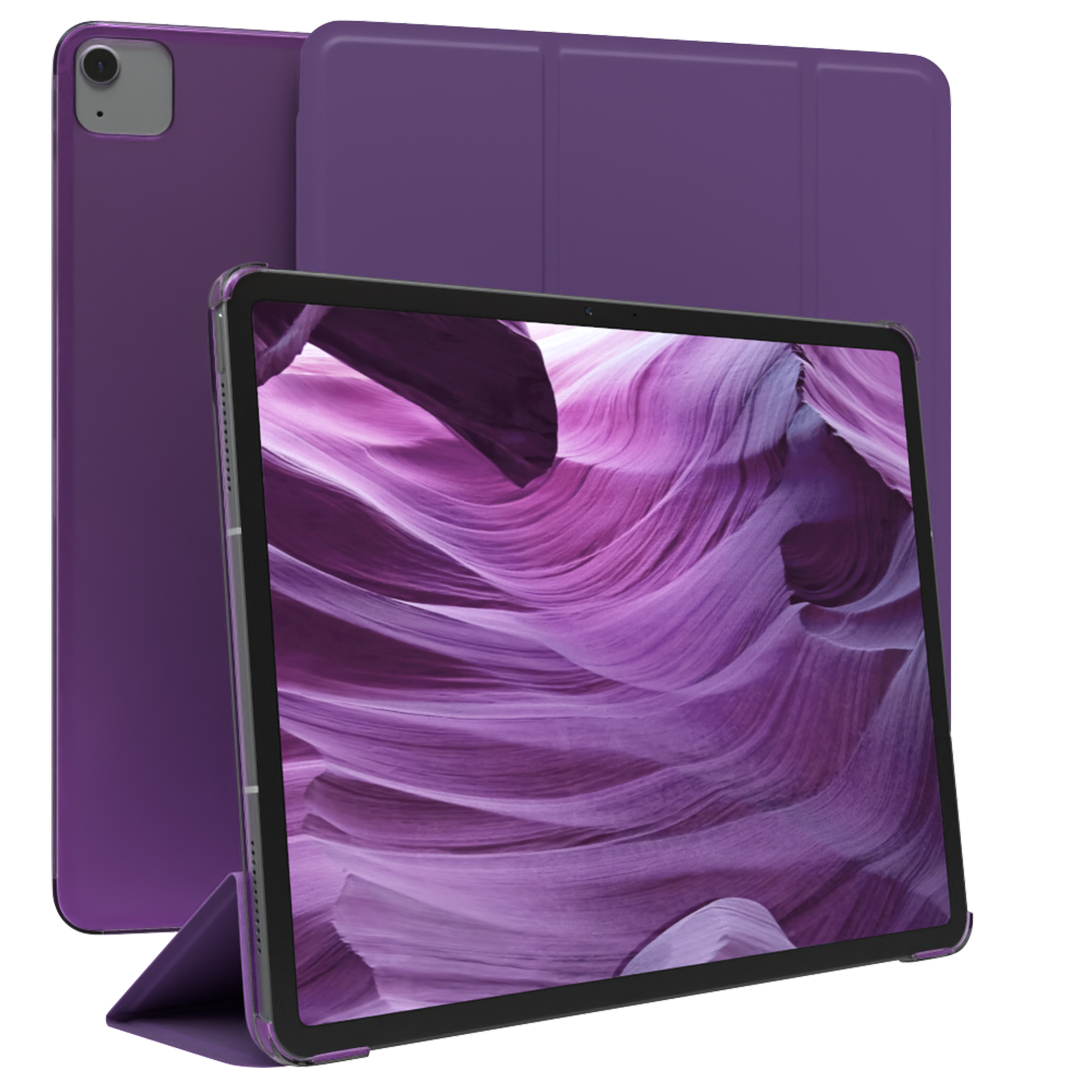 Lila iPad mit passendem Cover. Der Bildschirm zeigt ein Landschaftsbild.