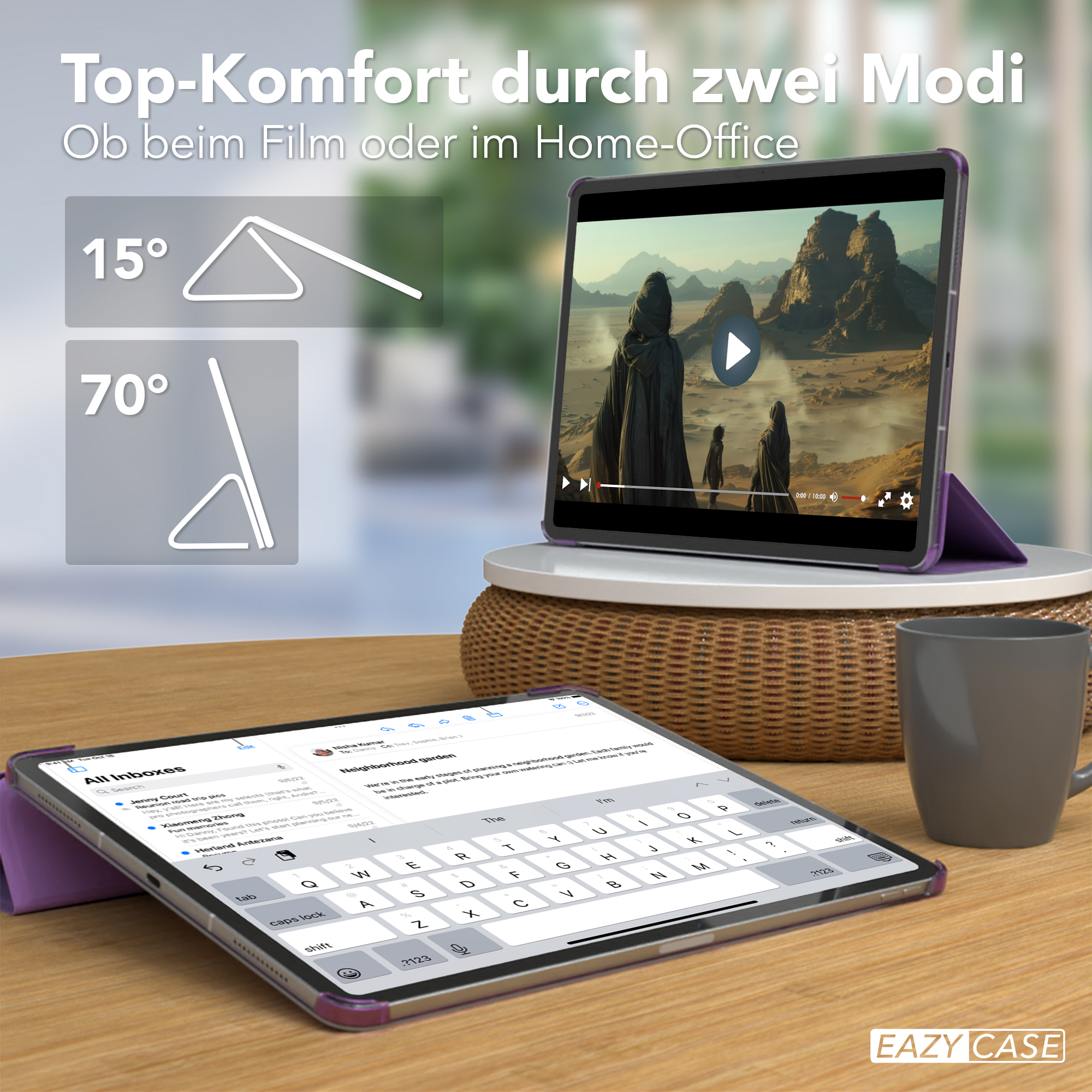 Tablet mit Tastatur auf einem Schreibtisch. Der Tablet-Bildschirm zeigt eine Webseite. Eine Tasse und ein Ständer.
