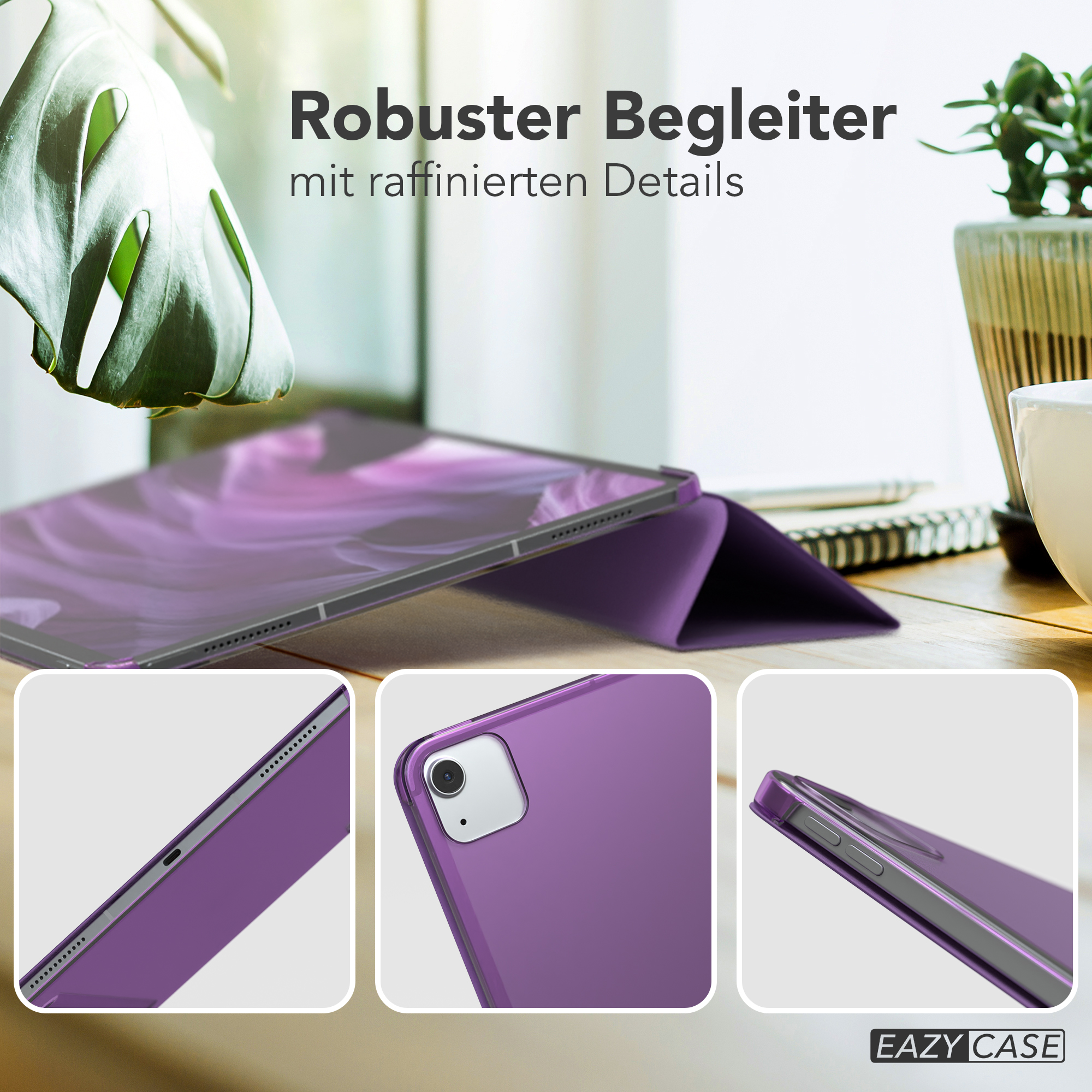 Lila Tablet-Hülle, zeigt das Tablet in verschiedenen Winkeln. Details sind sichtbar.
