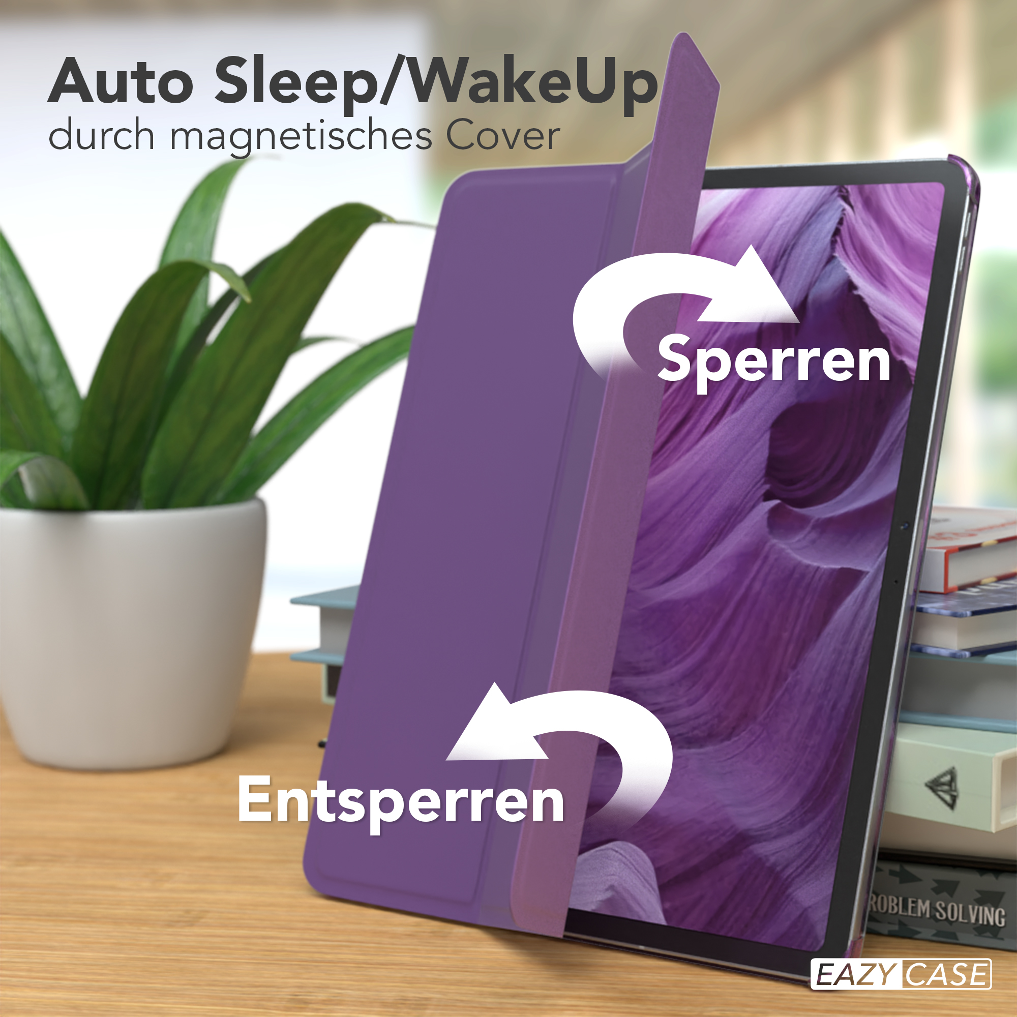 Lila Tablet-Hülle mit Text, der die automatische Schlaf-/Weckfunktion anzeigt.