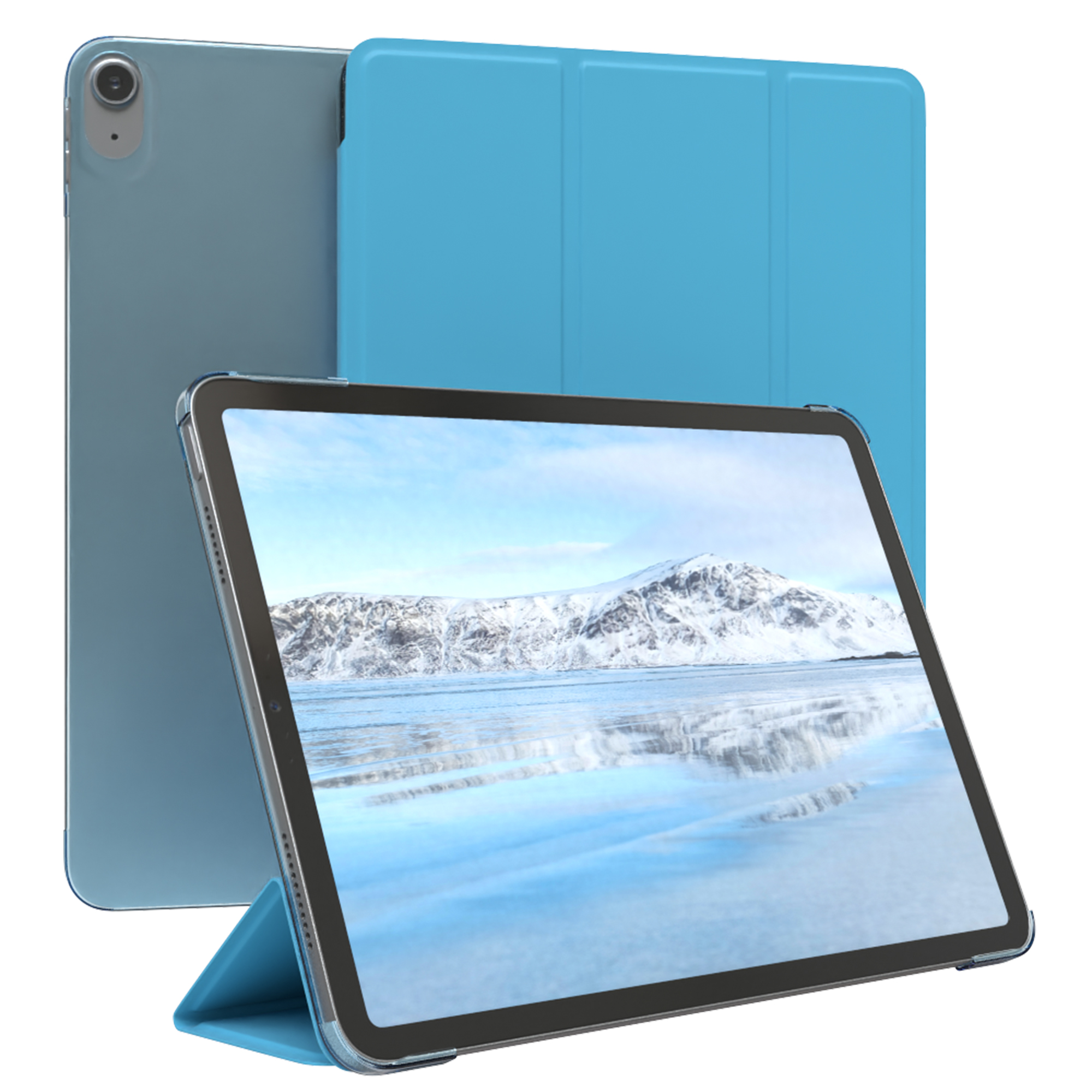 Blaues Tablet mit Hülle. Der Bildschirm zeigt eine verschneite Berglandschaft. Weißer Hintergrund.