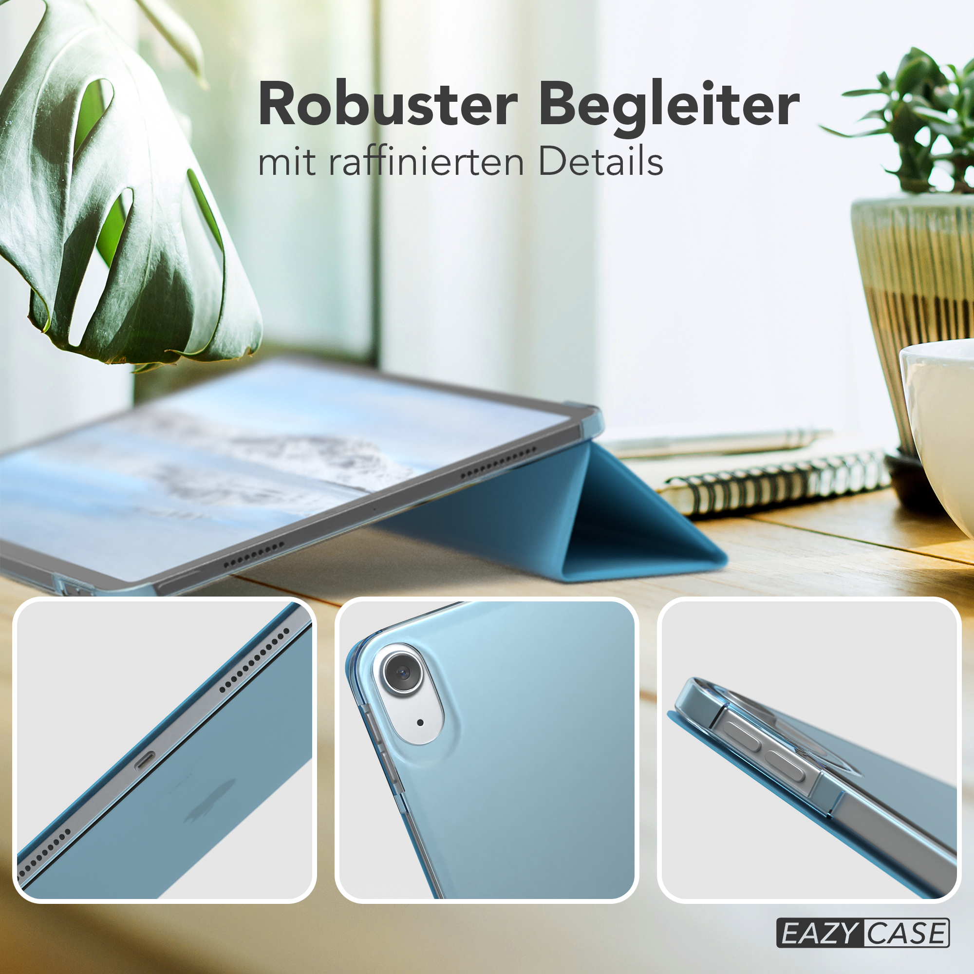 Blaue Tablet-Hülle mit Details. Drei Nahaufnahmen. Holztisch, grüne Pflanze.