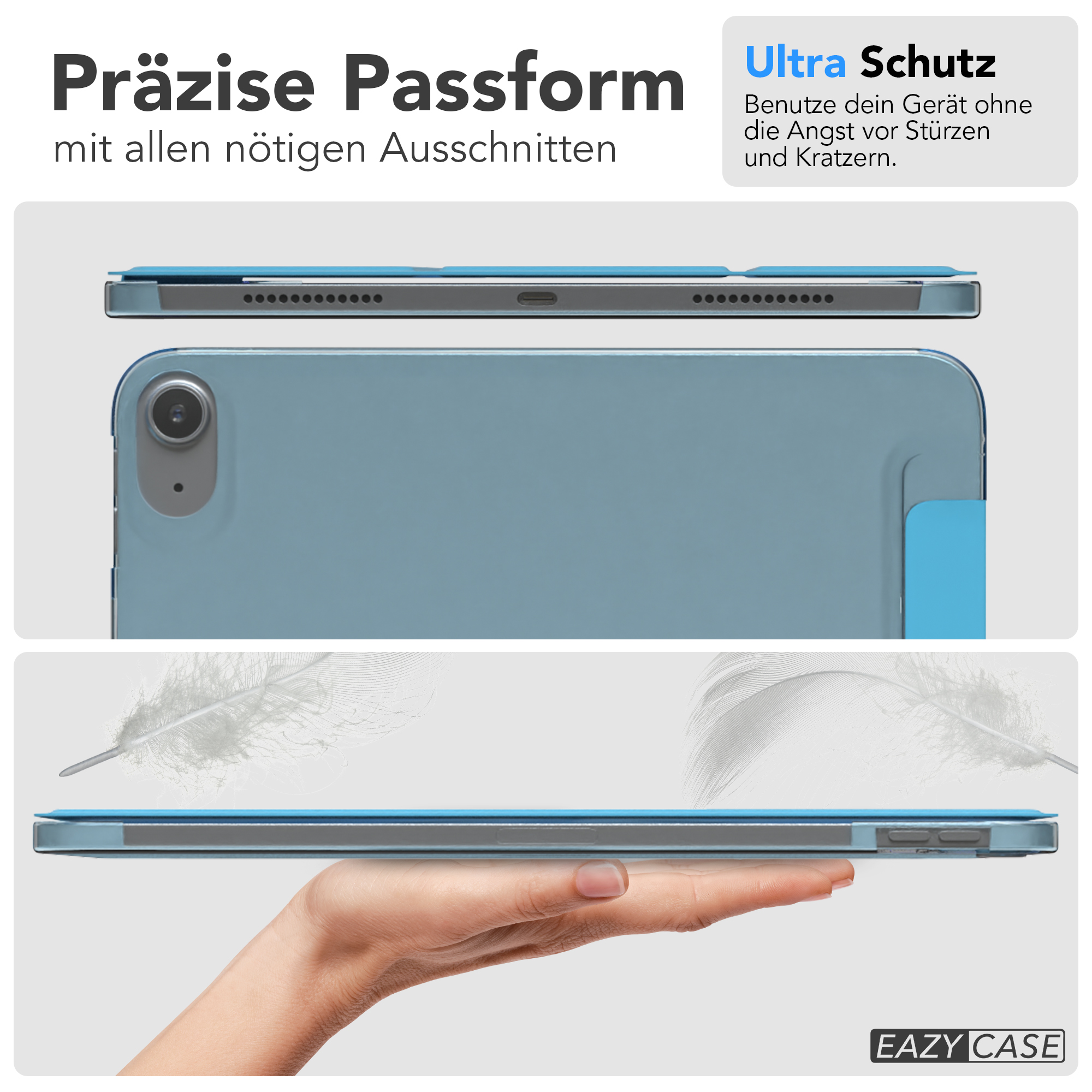 Eine blaue Tablethülle in drei Ansichten, die das Design und die Passform zeigt.