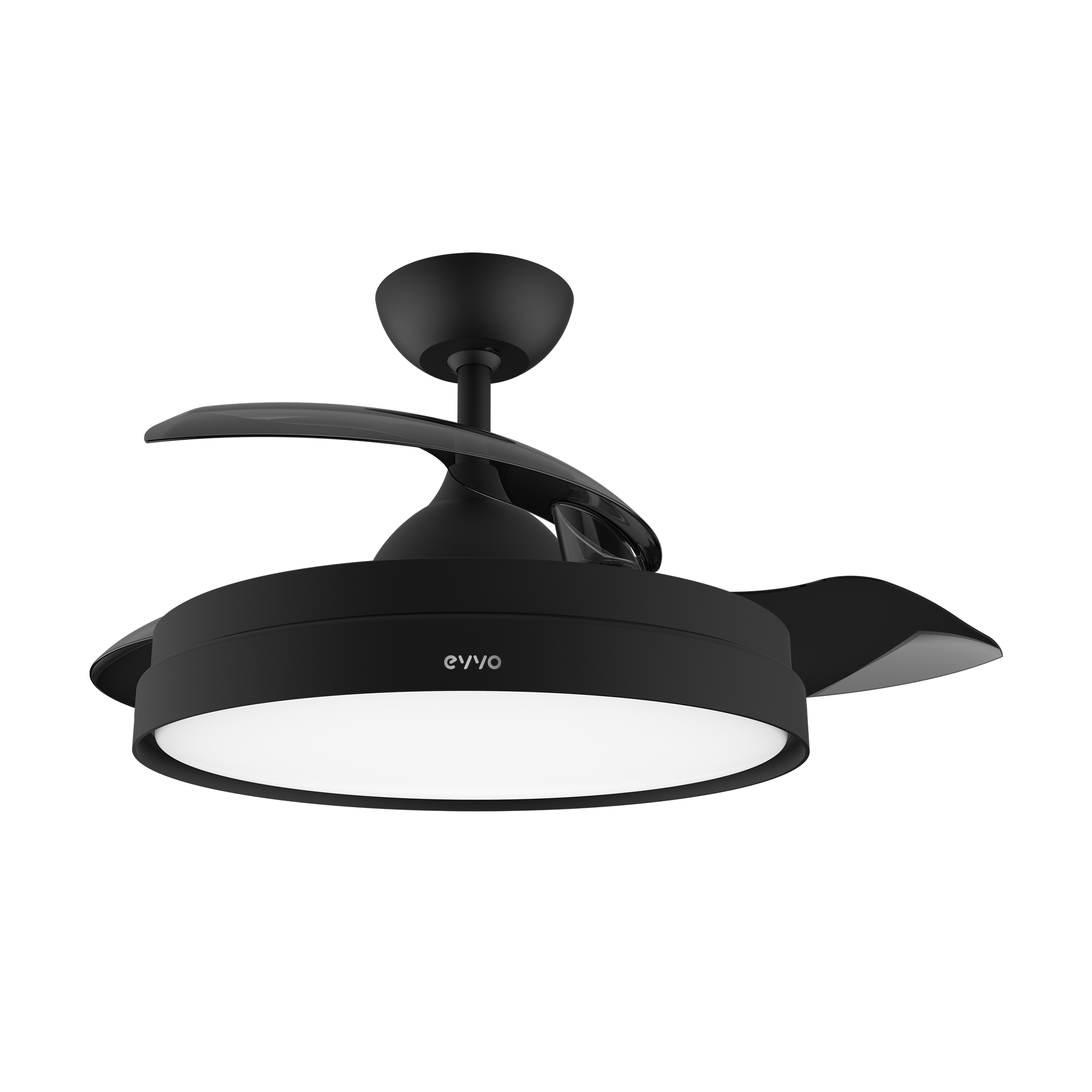 Ventilatore da soffitto nero con due pale e un anello luminoso. Sfondo nero.