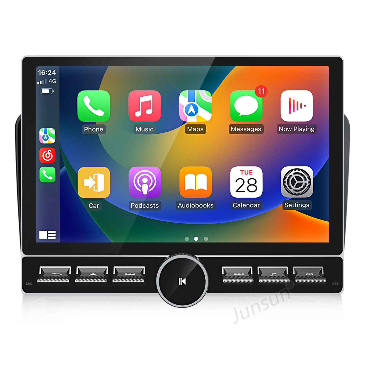 Bildschirm des Auto-Multimedia-Systems mit Symbolen für Telefon, Musik, Karten, Nachrichten.
