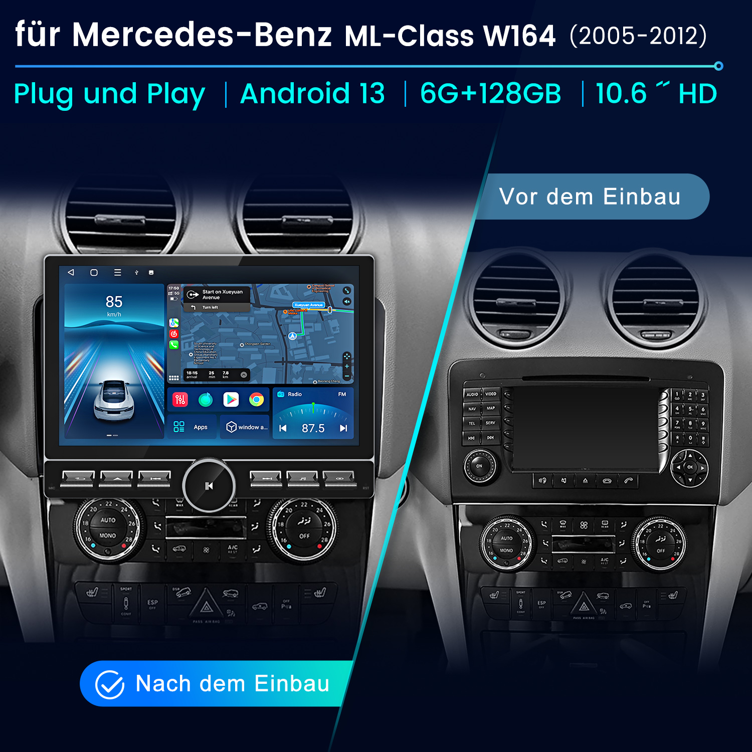 Ein Autoradio-Bildschirm mit Navigation und Einstellungen, mit Etiketten vor und nach der Installation.