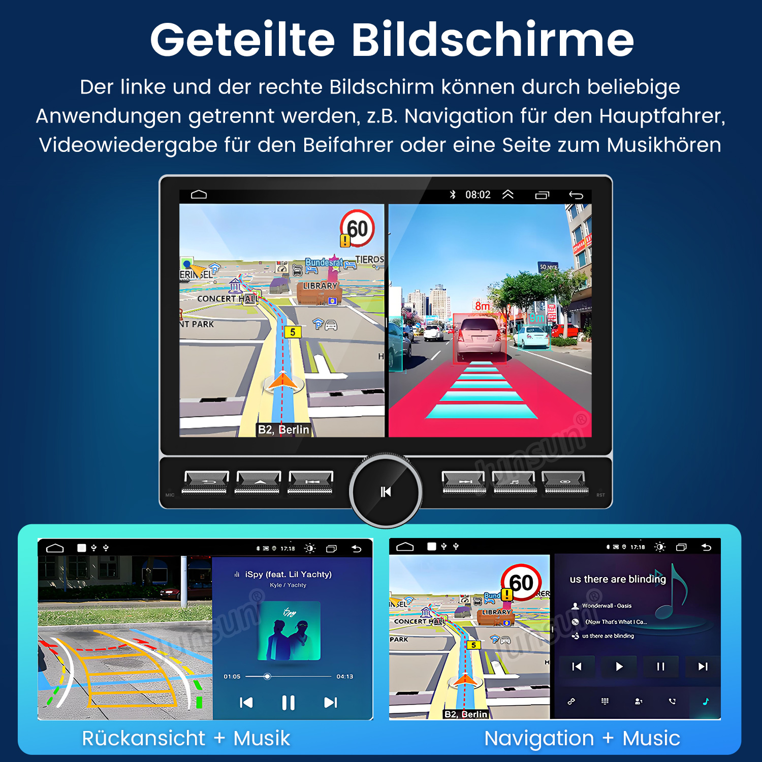 Auto-Multimedia-Bildschirm mit Navigations- und Musikoberflächen. Zeigt ein geteiltes Bildschirmdesign.