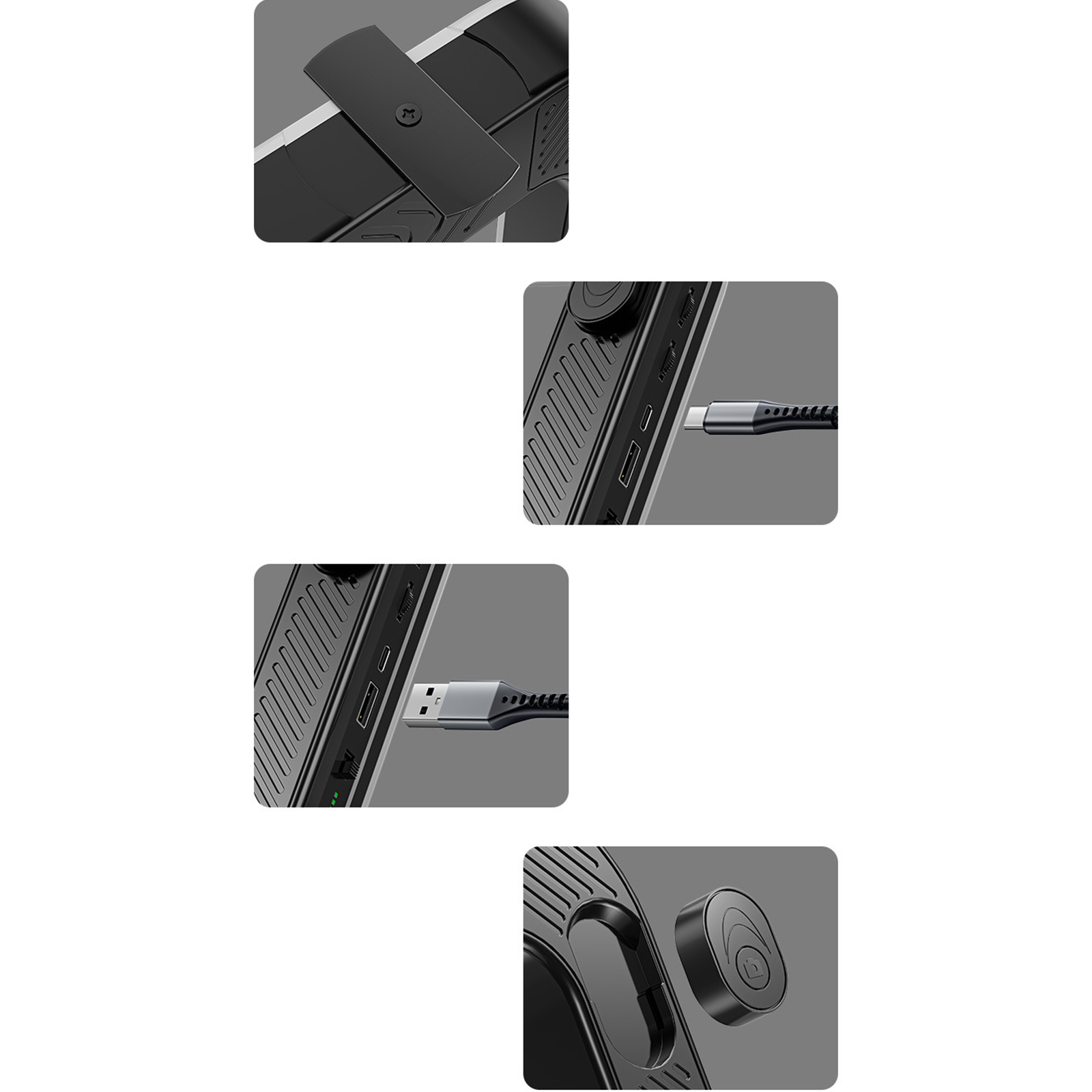 Nahaufnahmen von Anschlüssen und Knöpfen eines Geräts sowie ein USB-C- und ein USB-Kabel.