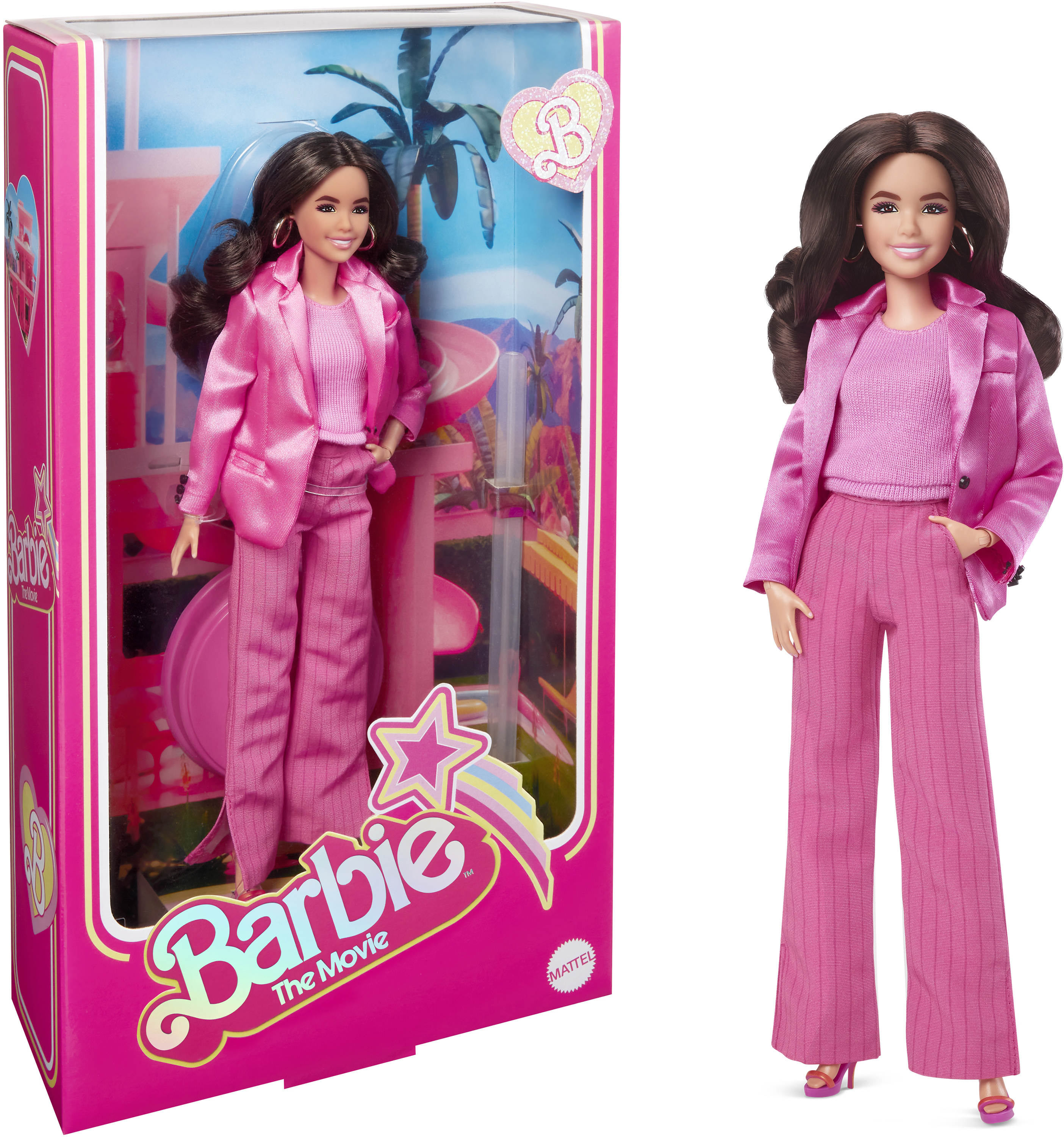 Barbie-Puppe in pinkem Anzug, in einer Box und auch draußen stehend. Die Box ist rosa.