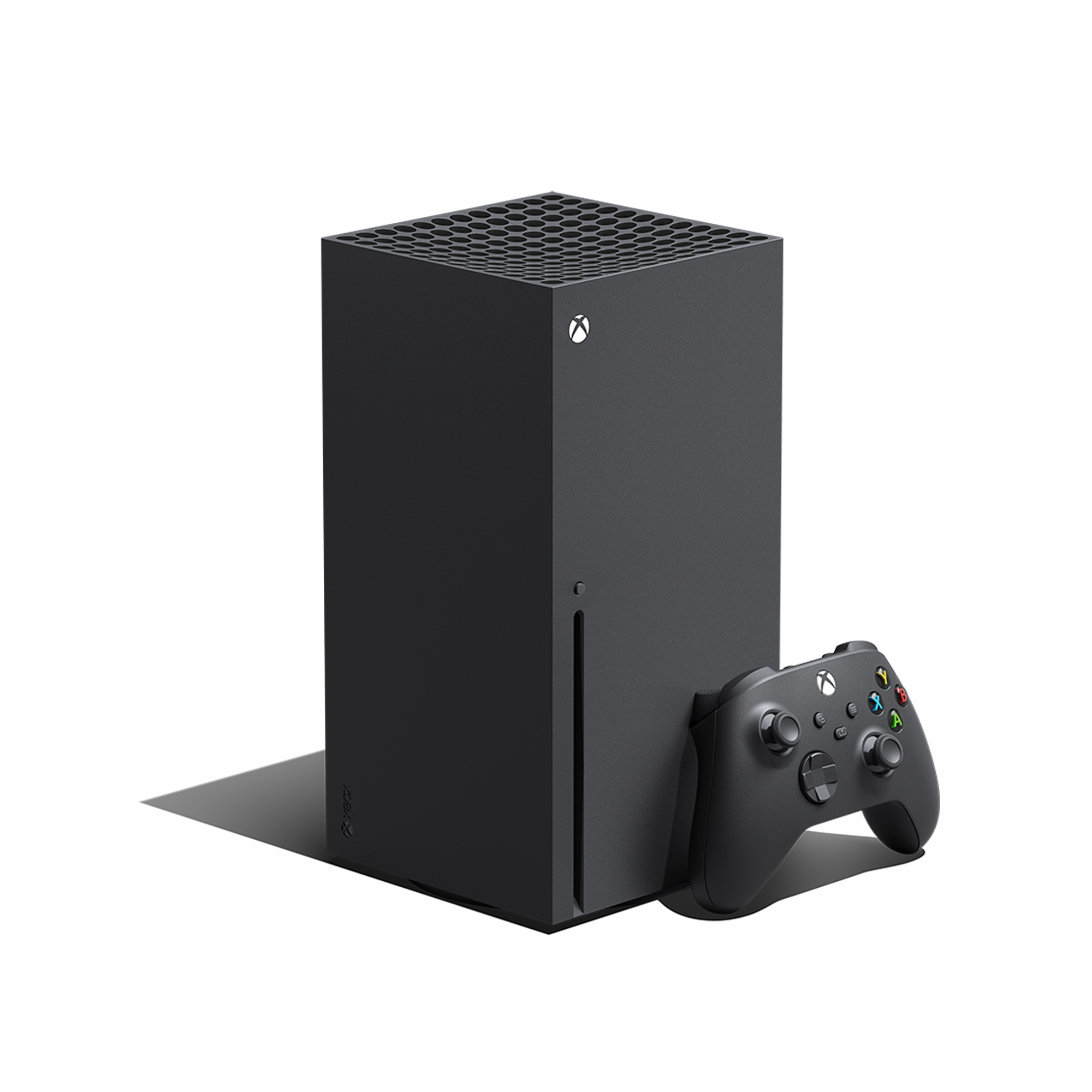 Czarna konsola Xbox Series X i kontroler. Konsola ma otwór wentylacyjny na górze.