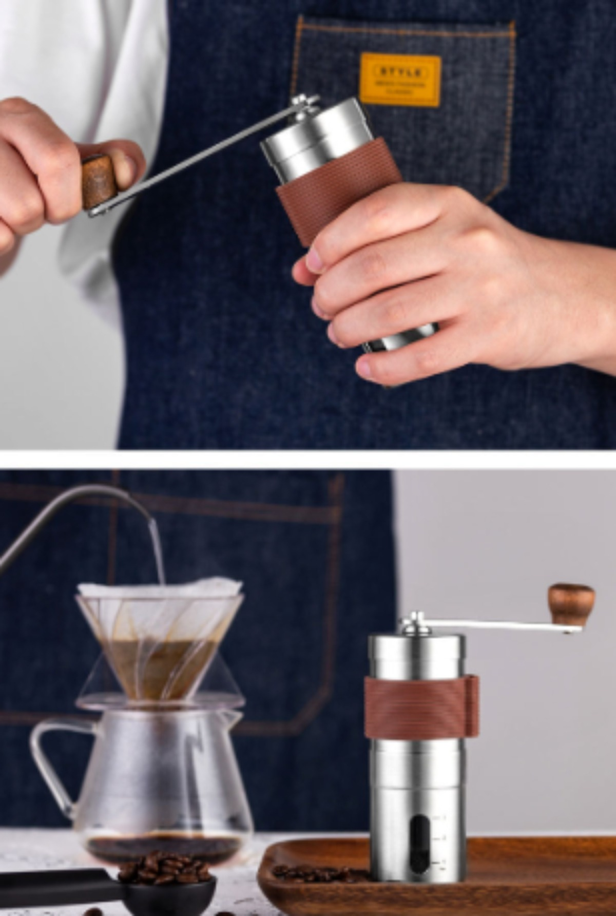 Zwei Ansichten einer manuellen Kaffeemühle. Eine wird benutzt, eine mit Kaffee.