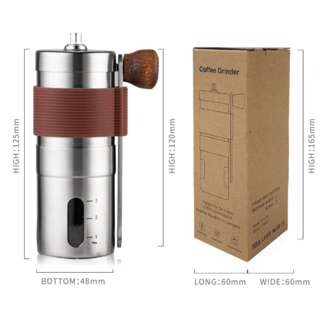 Kaffeemühle und ihre Schachtel. Die Mühle ist silber mit braunem Griff.
