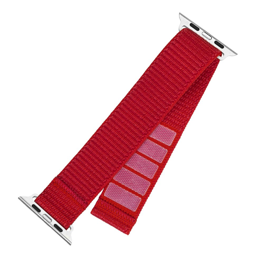 Ein rotes Apple Watch-Armband mit Klettverschluss wird vor weißem Hintergrund angezeigt.
