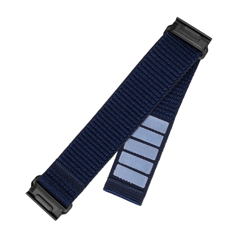 Marineblaues Uhrenarmband mit schwarzen Verschlüssen. Es hat hellblaue Streifen.