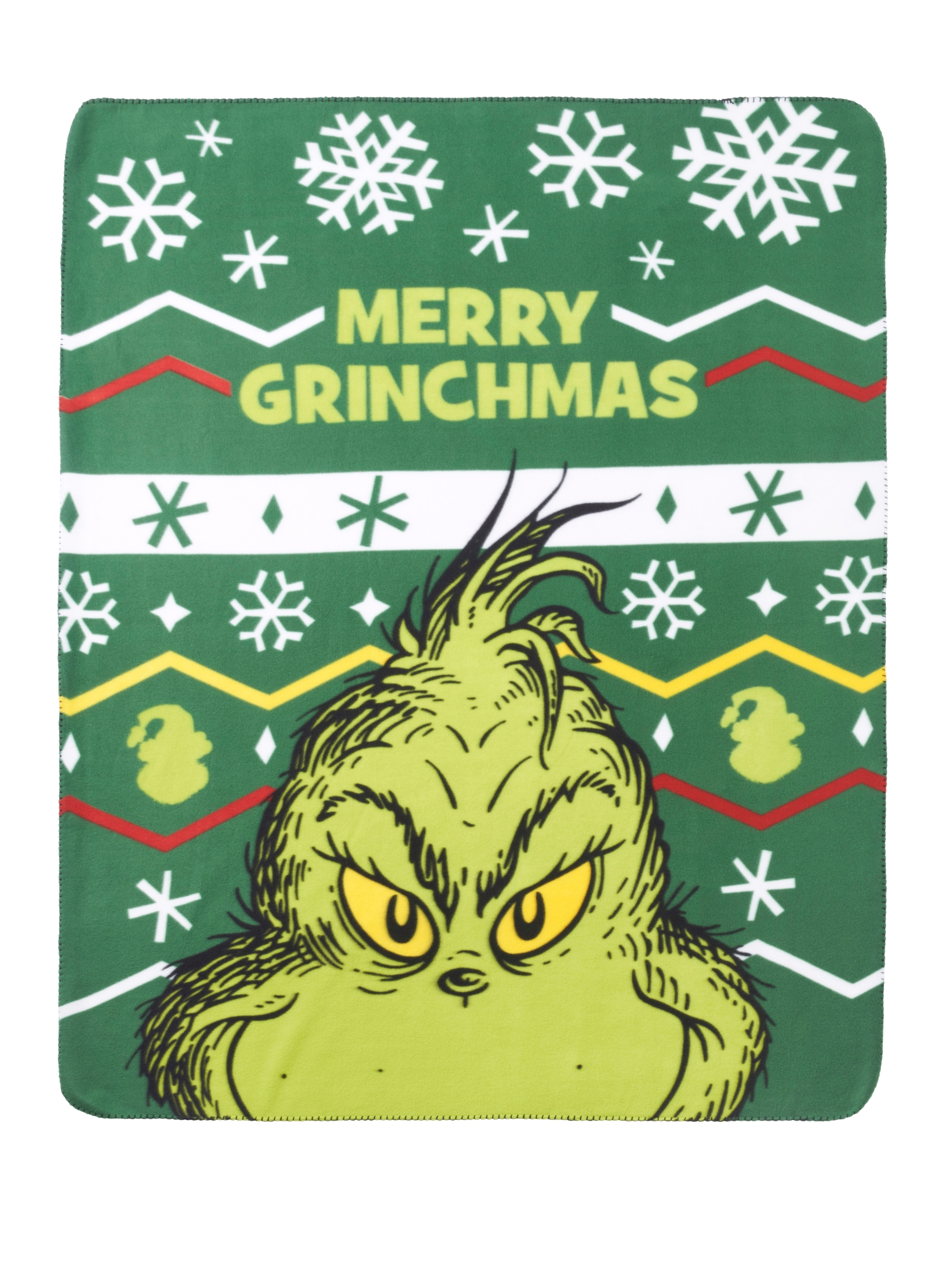 Grüne Decke mit Grinch-Gesicht und dem Text "Merry Grinchmas".