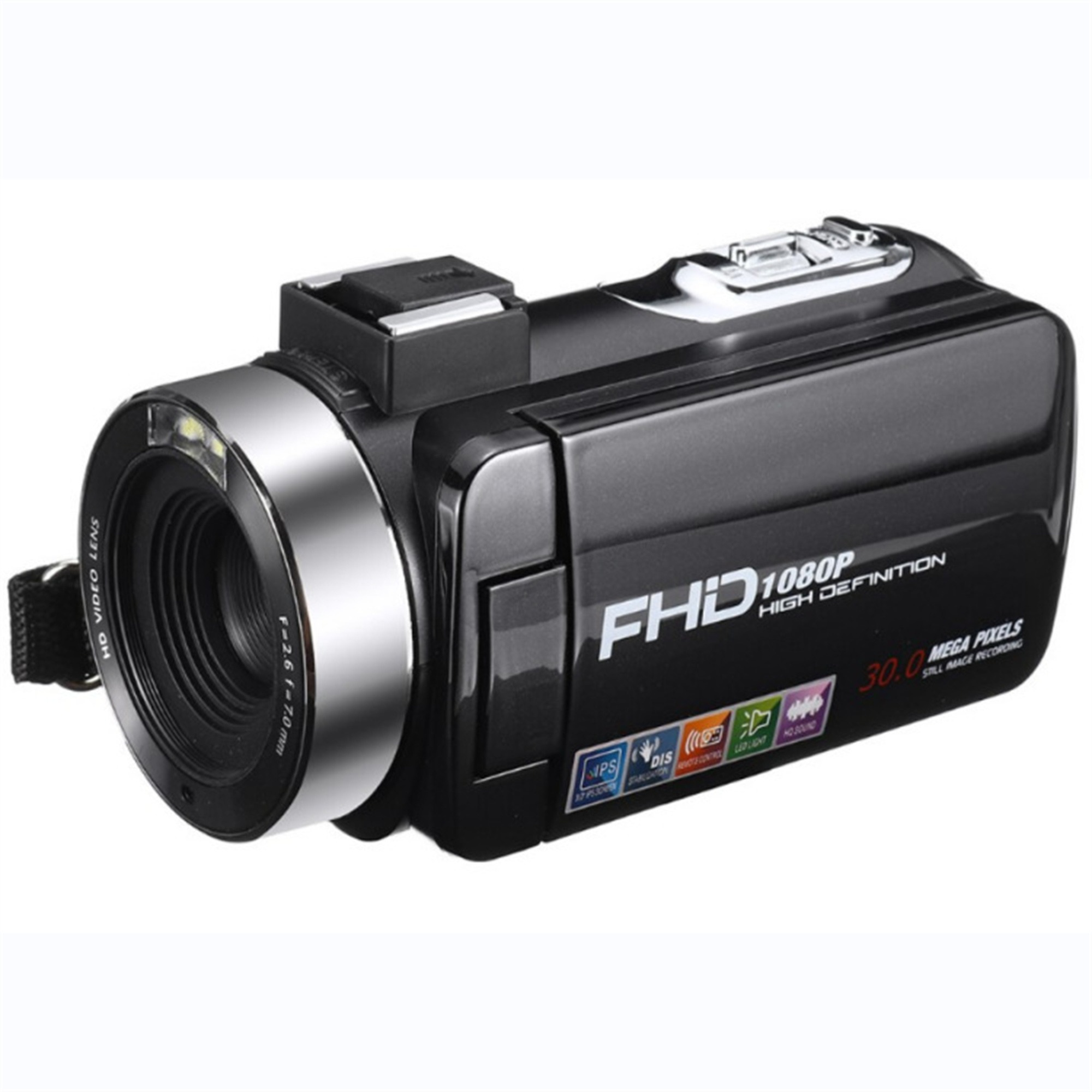 Schwarze Videokamera mit silbernem Objektiv, Knöpfen und dem Text 'FHD 1080P HIGH DEFINITION'.