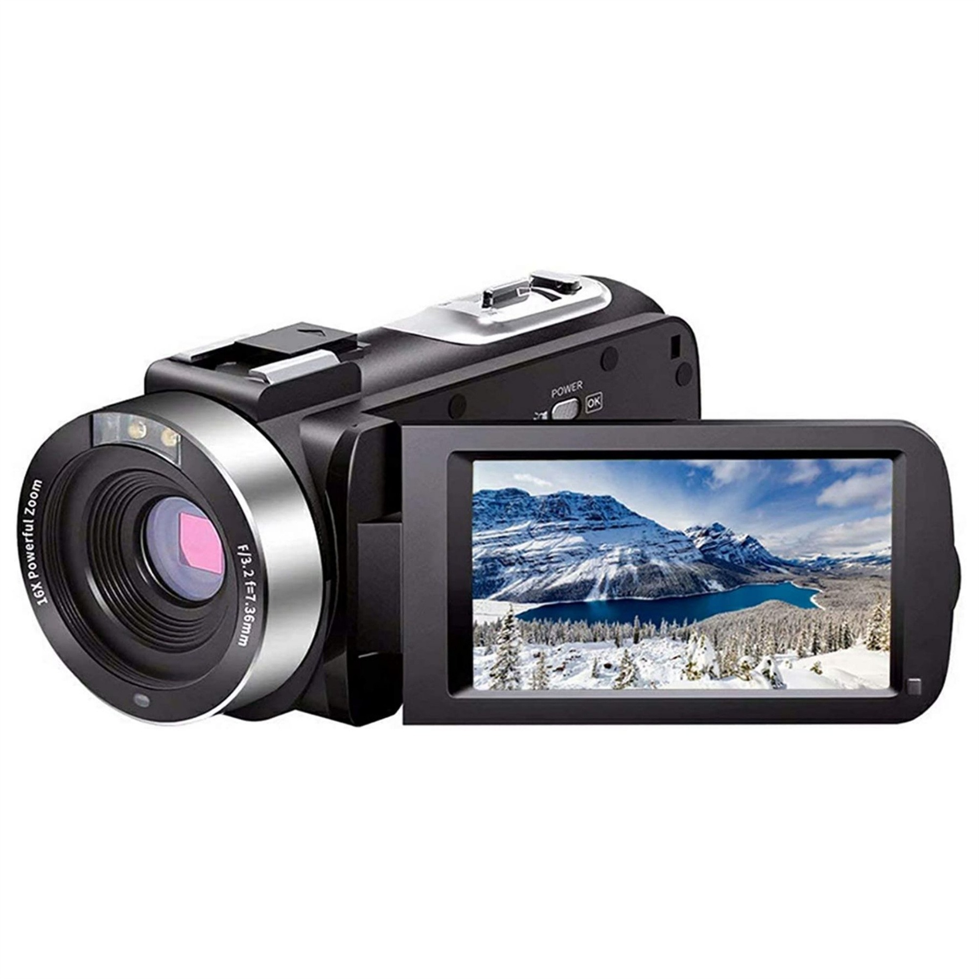 Eine schwarze Videokamera mit einem Bildschirm, der eine schneebedeckte Berg- und Seeszene zeigt.