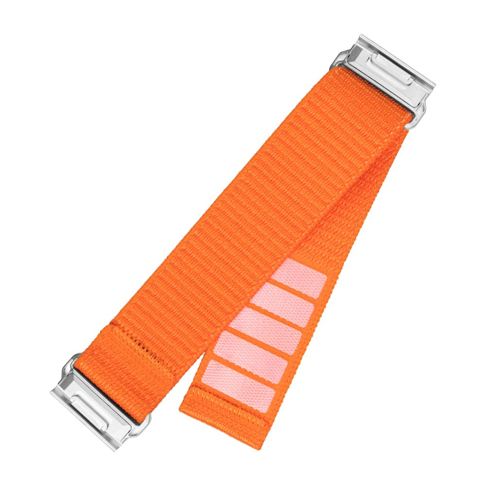 Ein orangefarbenes Uhrenarmband mit silbernen Metallverschlüssen und mehreren weißen Klettverschlussabschnitten.