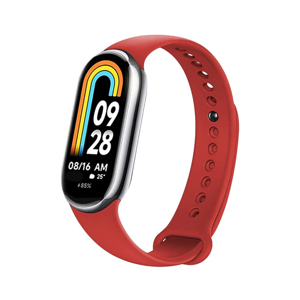 Roter Fitnesstracker mit digitaler Anzeige von Datum, Uhrzeit und Statistiken. Rotes Armband.