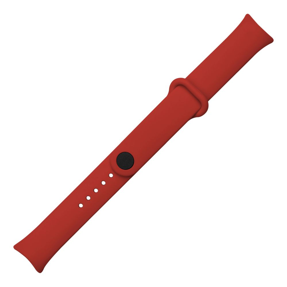 Ein leuchtend rotes Armband mit schwarzem Knopf und Löchern, isoliert auf weißem Hintergrund.