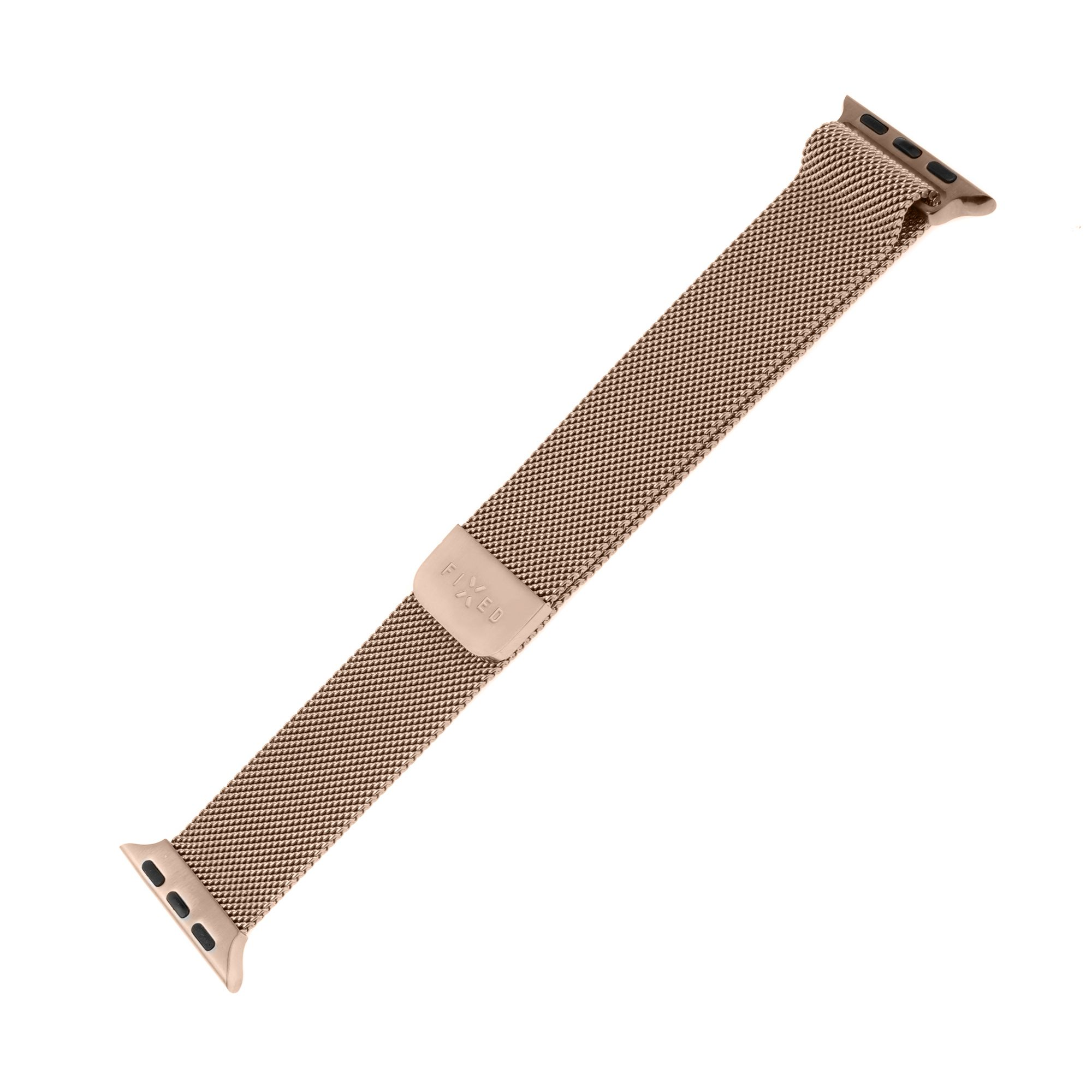 Roségoldenes Apple Watch Armband, Mesh-Design. Schräge Ansicht, freigestellt.