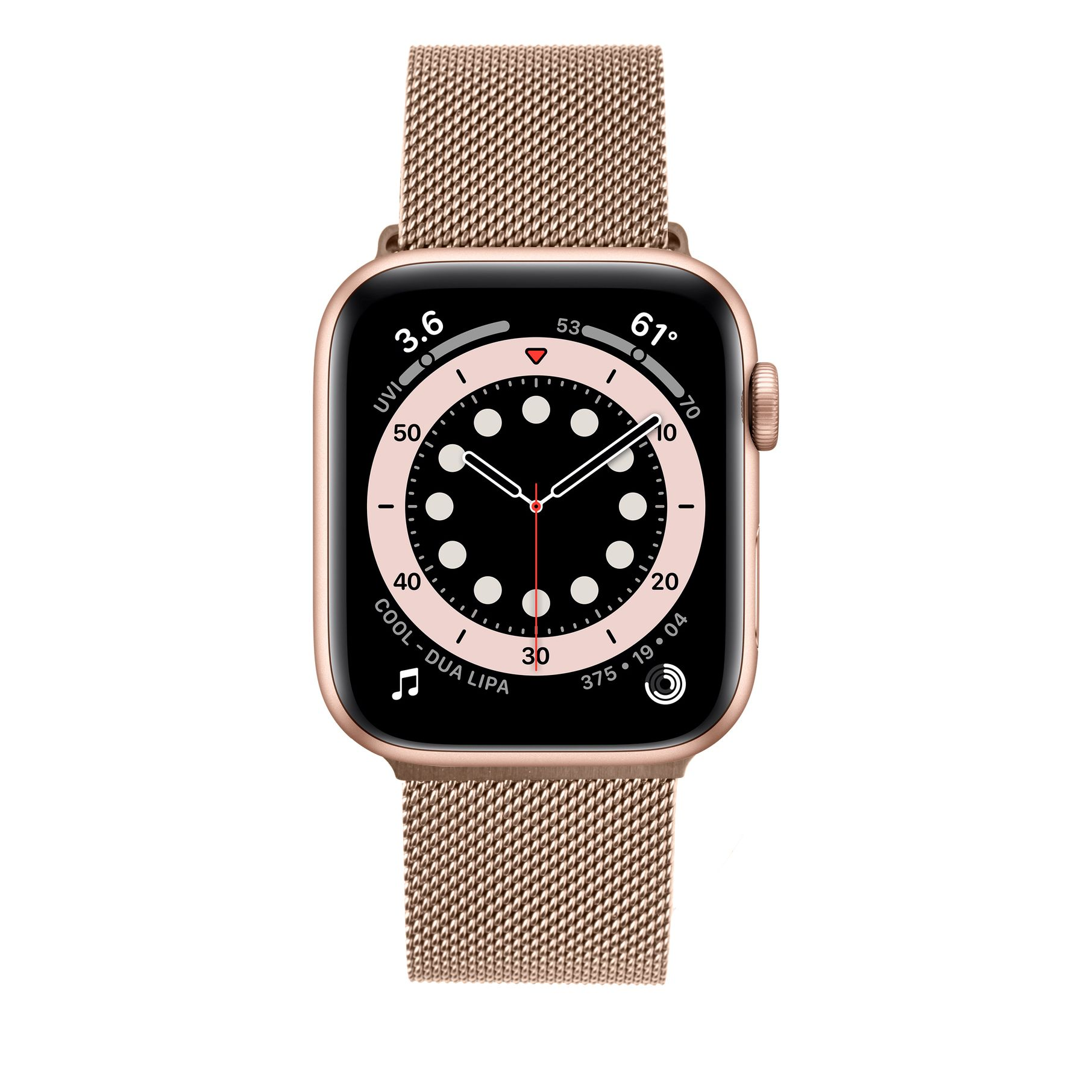 Eine Apple Watch mit roségoldfarbenem Gehäuse und Mesh-Armband, zeigt die Zeit.