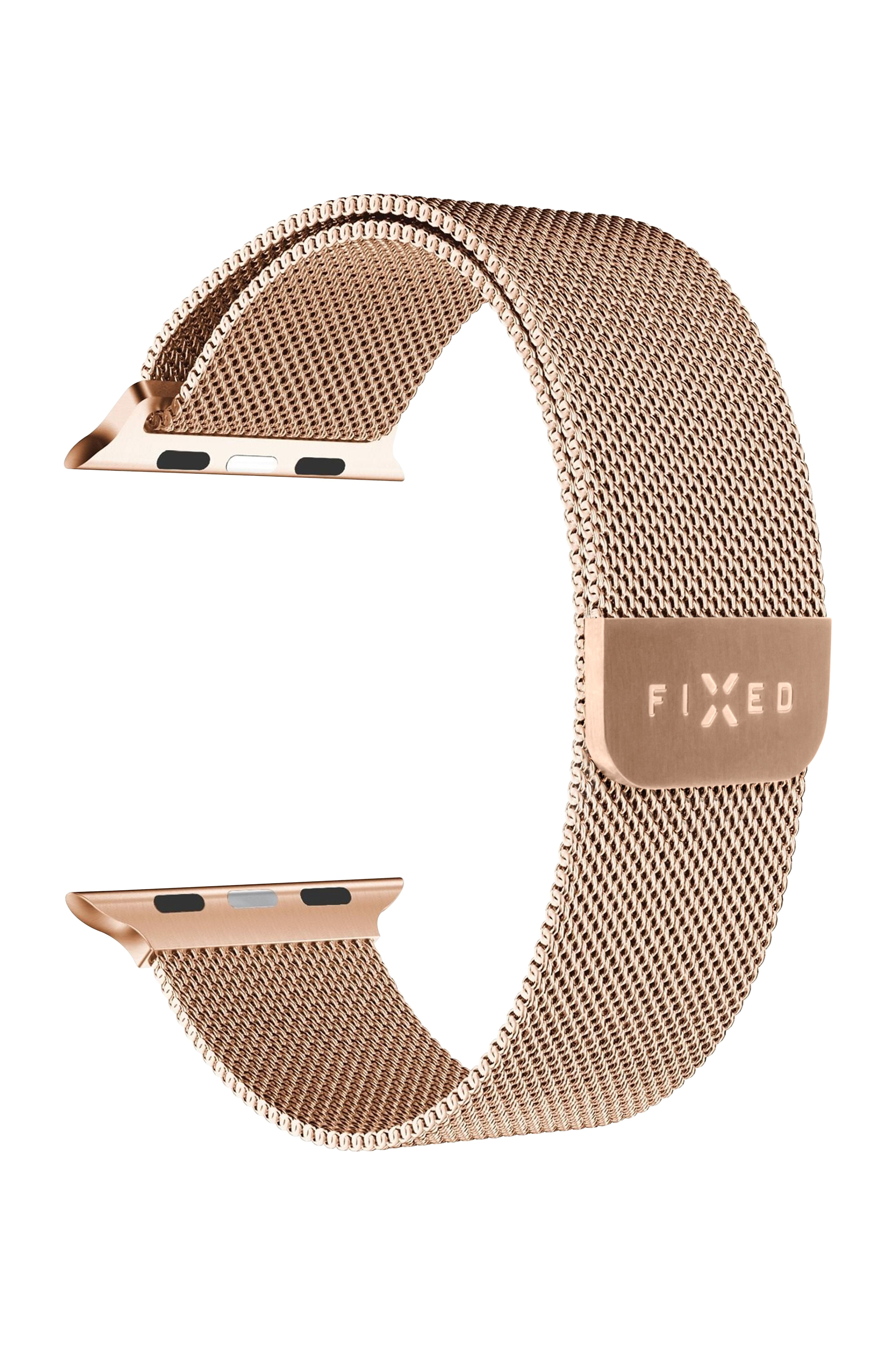 Roségoldenes Metall-Uhrenarmband. Mesh-Design mit Magnetverschluss. Weißer Hintergrund.