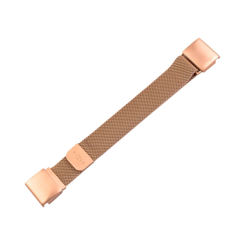Roségoldenes Uhrenarmband mit Mesh-Design auf weißem Hintergrund.