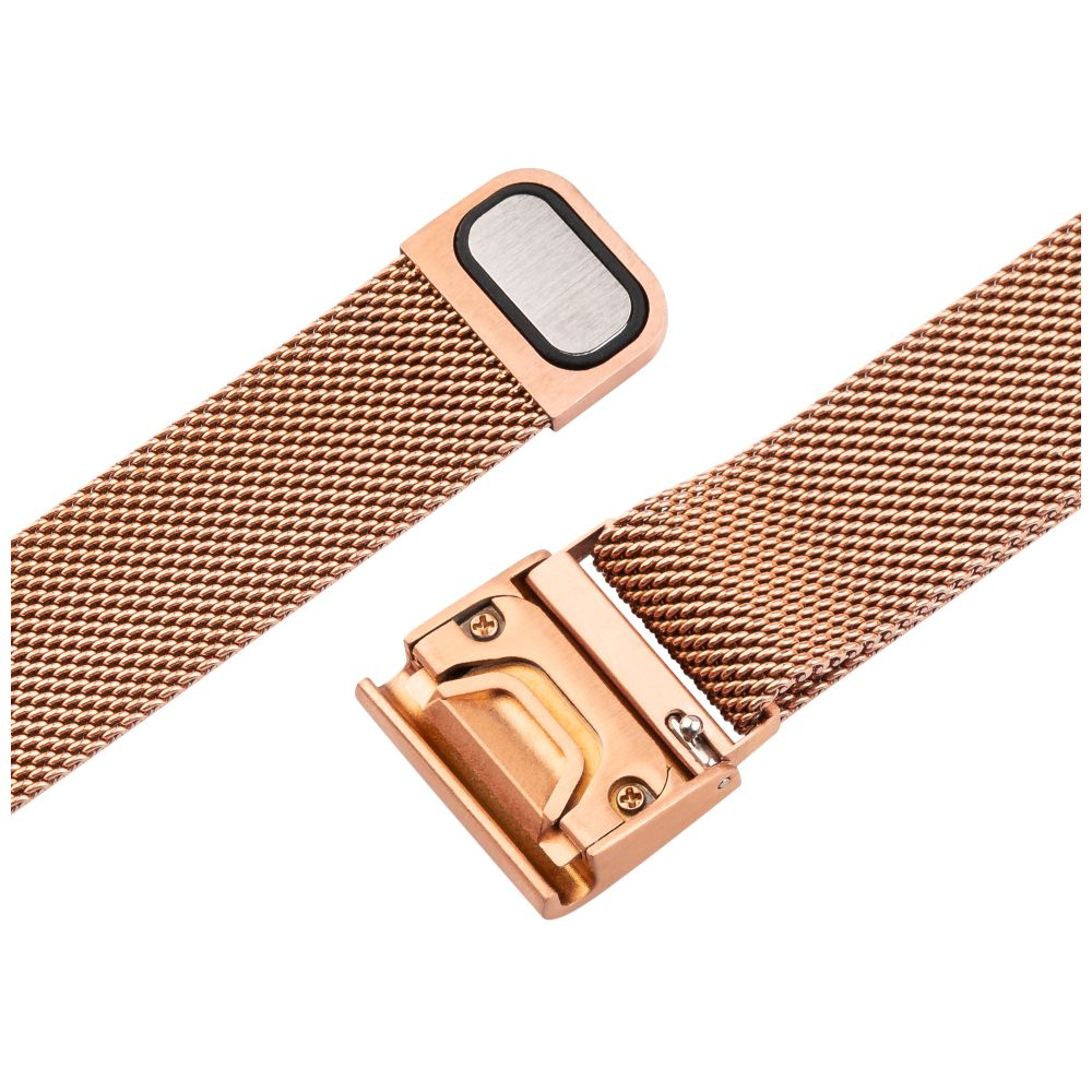 Nahaufnahme eines roségoldenen Uhrenarmbands mit Magnetverschluss.