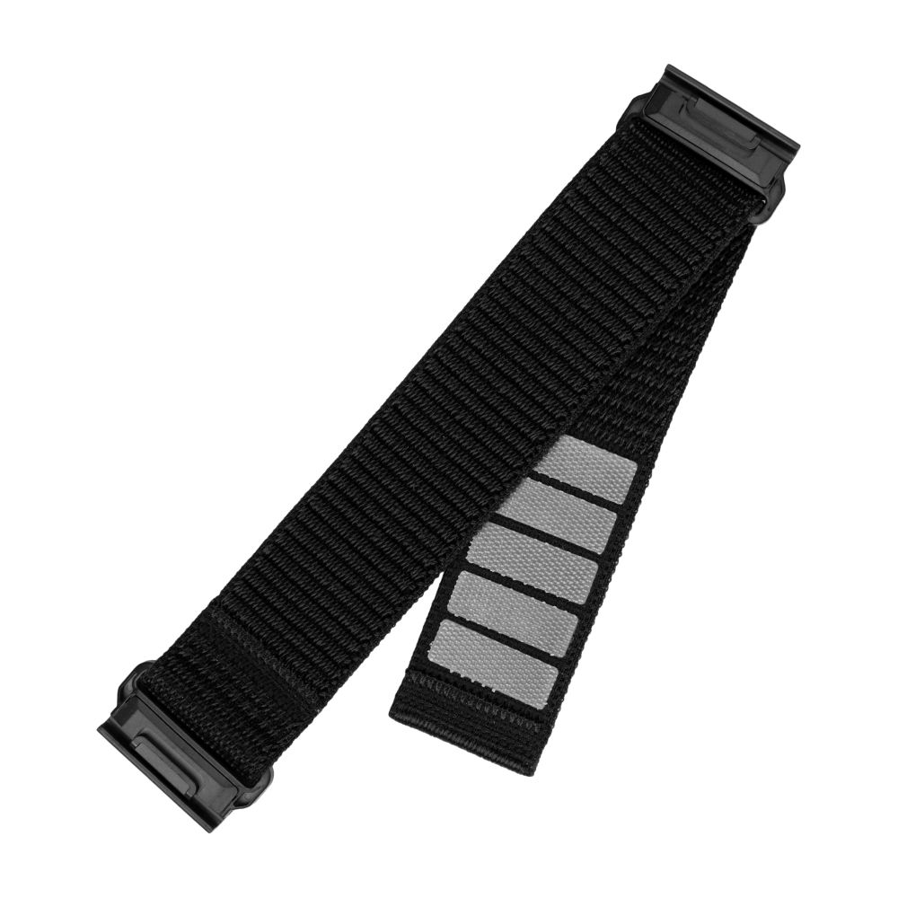 Ein schwarzes Uhrenarmband mit reflektierenden Streifen. An jedem Ende sind zwei schwarze Verschlüsse zu sehen.