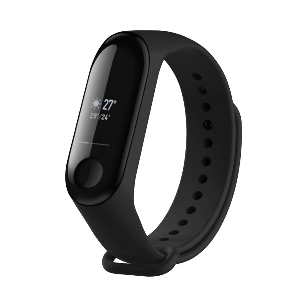 Schwarze Fitness-Tracker-Uhr mit gebogenem Bildschirm, der Zeit und Wetter anzeigt. Schwarzes Band mit Löchern.