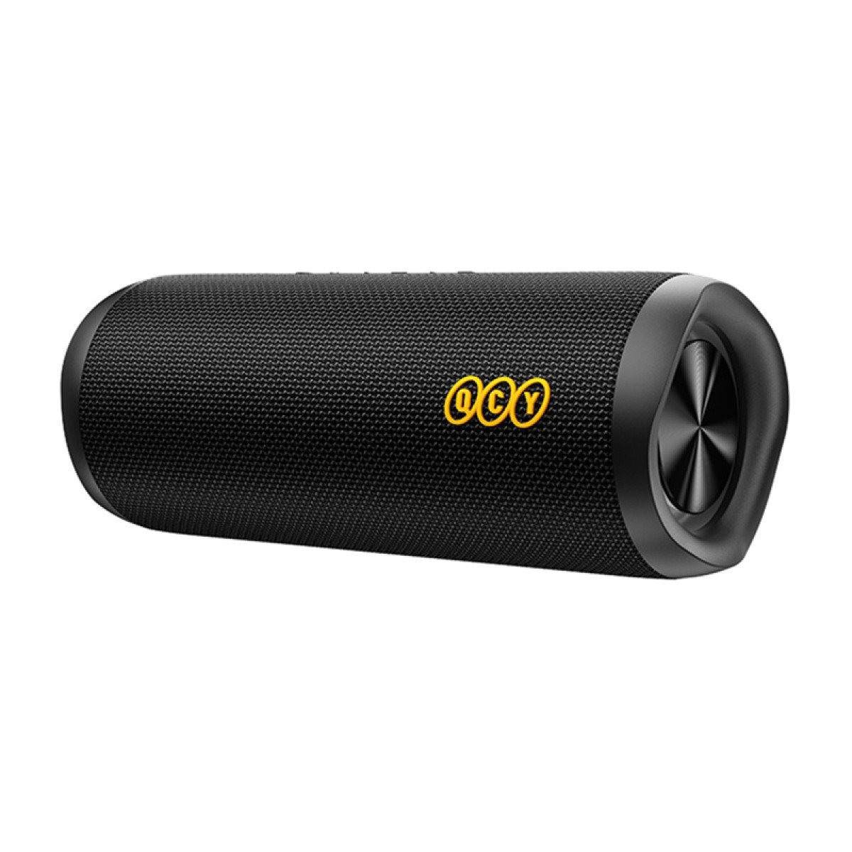 Altoparlante Bluetooth QCY cilindrico nero. Presenta il logo QCY in giallo.