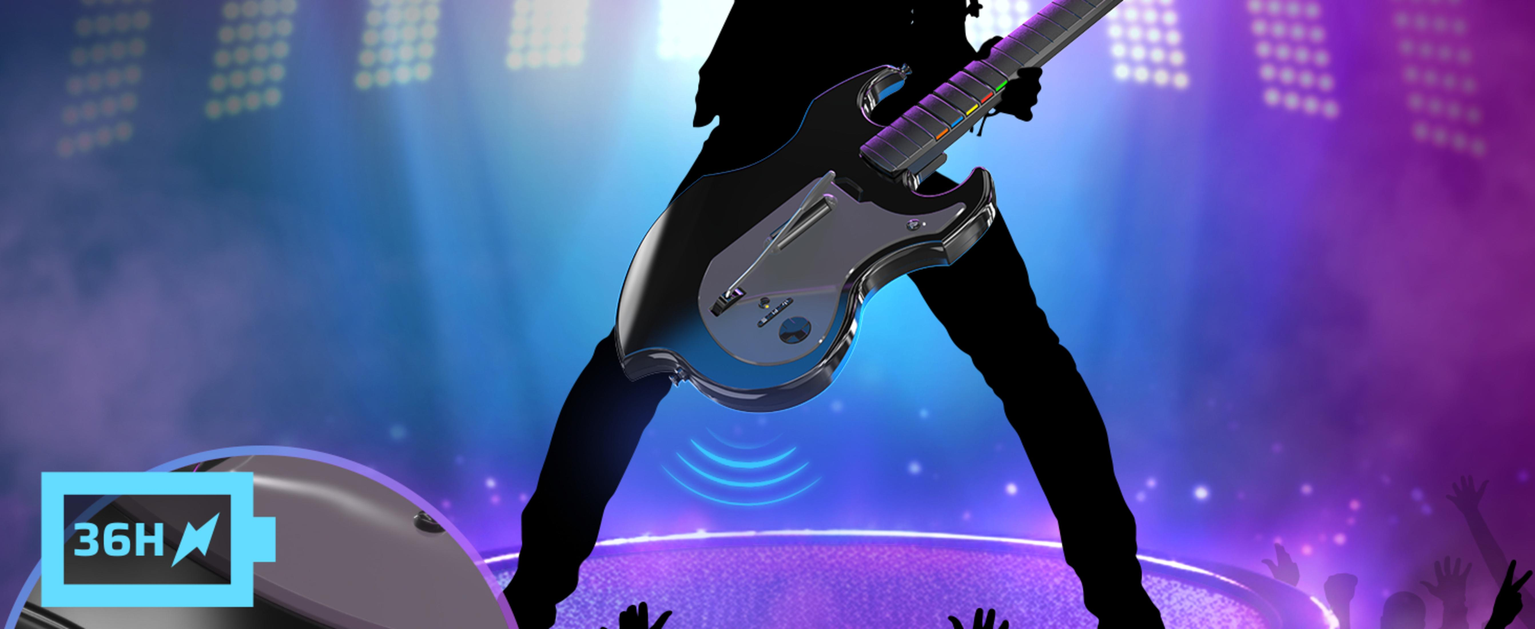 Sylwetka osoby grającej na gitarze elektrycznej na scenie. Scena z ikoną baterii.