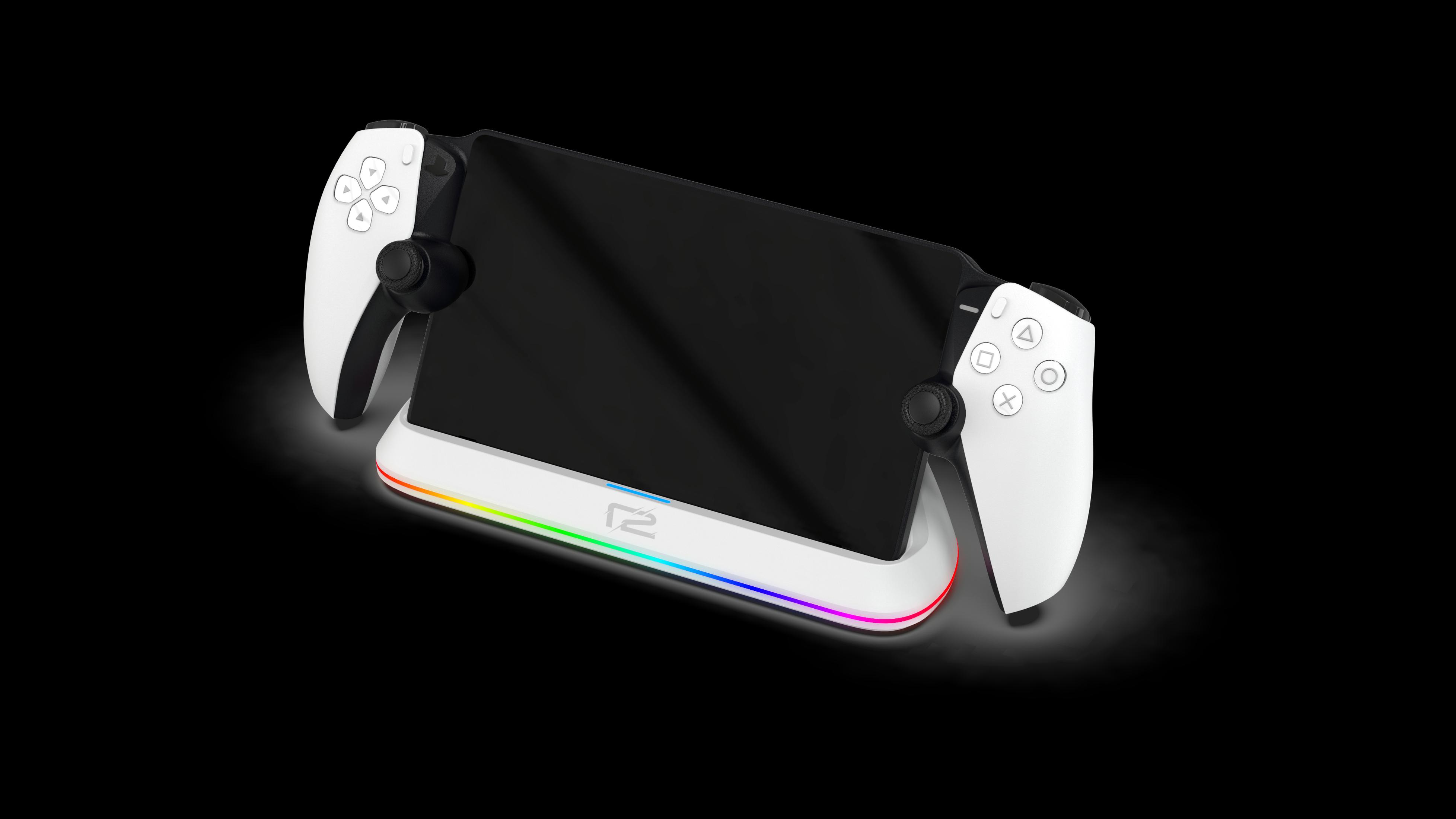 Console di gioco bianca con due controller collegati e una base luminosa colorata.