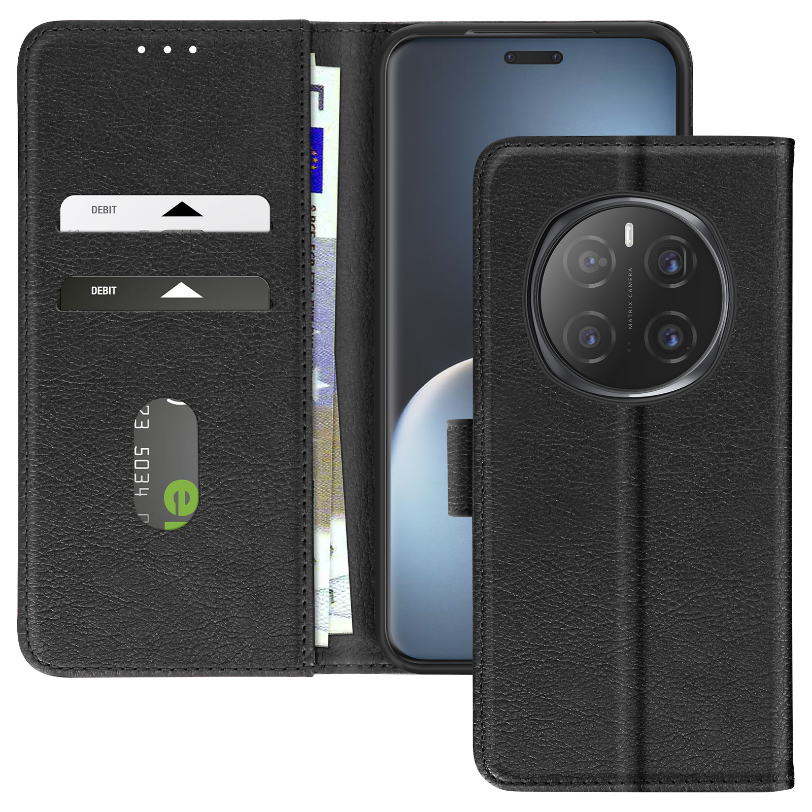 Una custodia per telefono in pelle nera con design a portafoglio. Ha fessure per carte, denaro e un telefono.