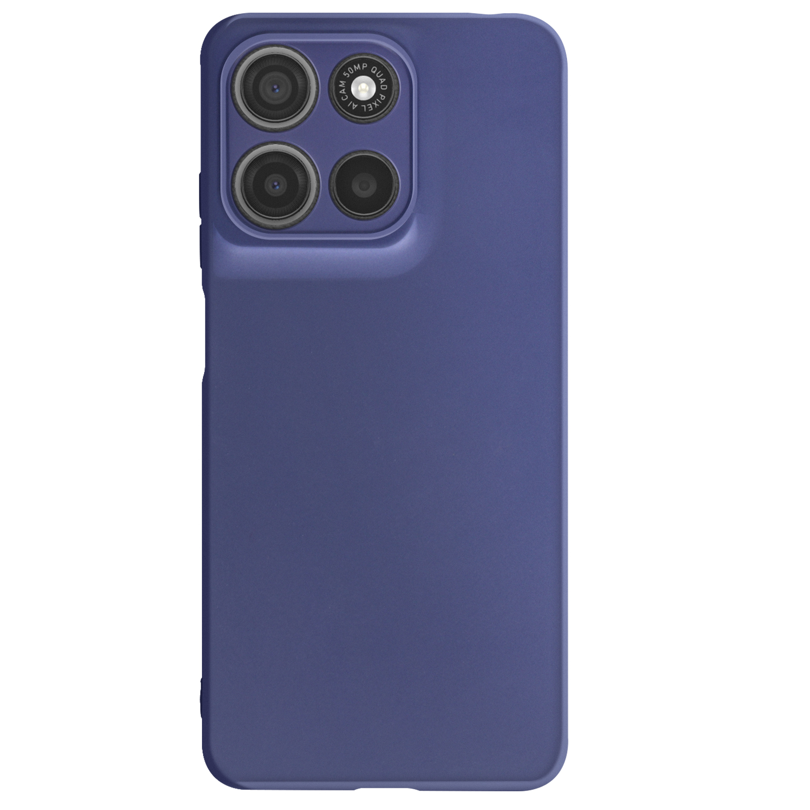 Blauwe telefoonhoes met drievoudige cameralenzen en een enkele lens op een witte achtergrond.
