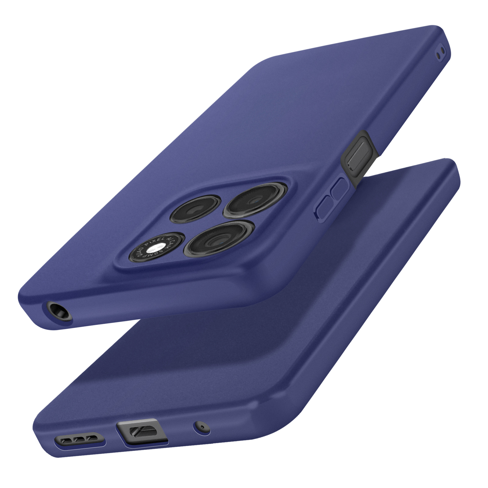 Een blauwe telefoonhoes met een camerabult, die de vorm van de telefoon toont.
