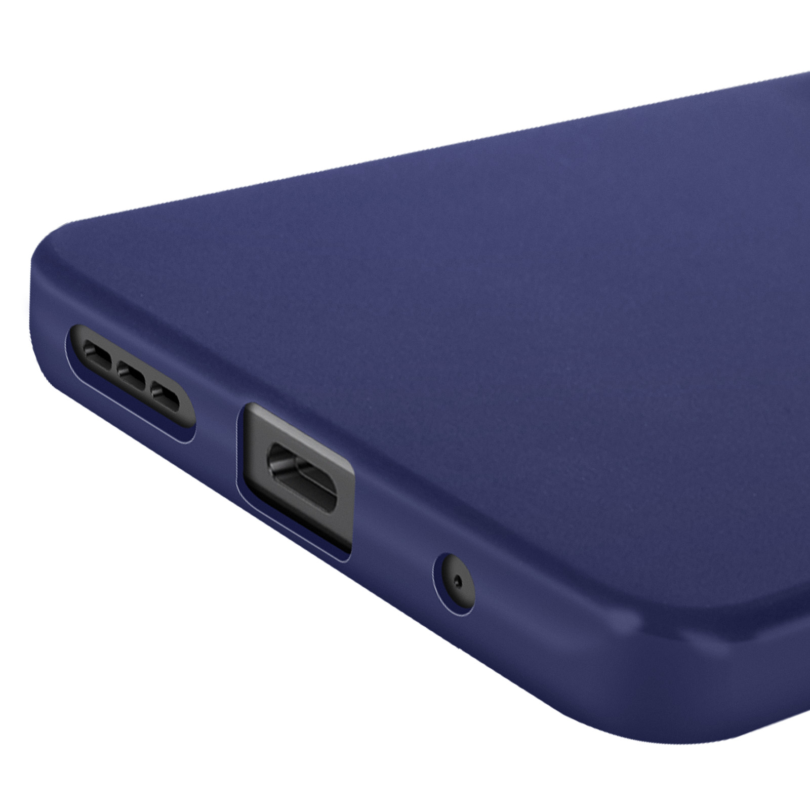 Een close-up van een blauwe telefoonhoes. De oplaadpoort en het luidsprekergat zijn zichtbaar.