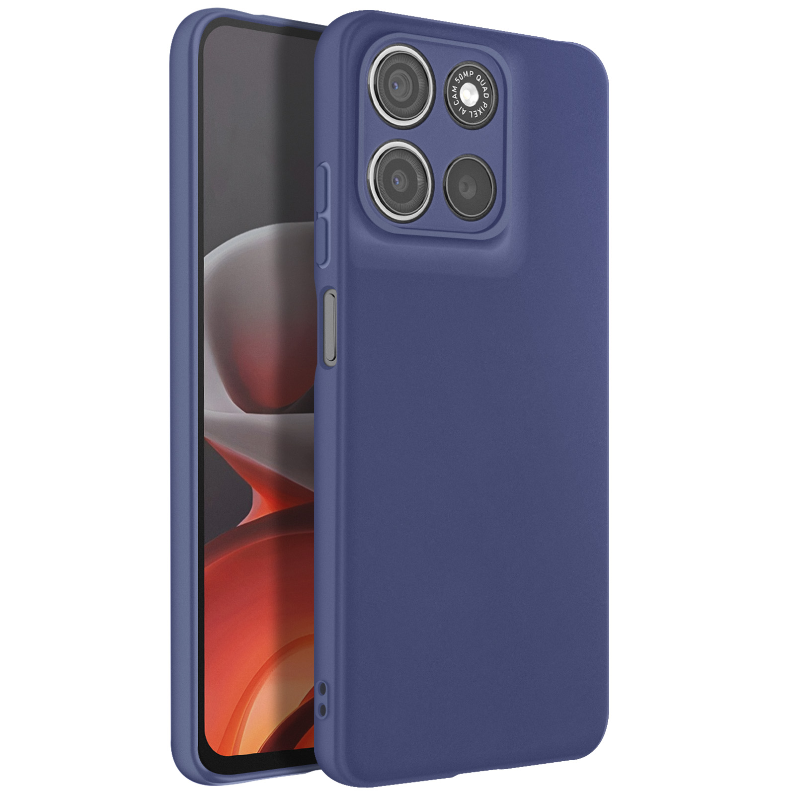Een blauwe telefoonhoes met drie cameralenzen aan de achterkant. De telefoon staat op een witte achtergrond.