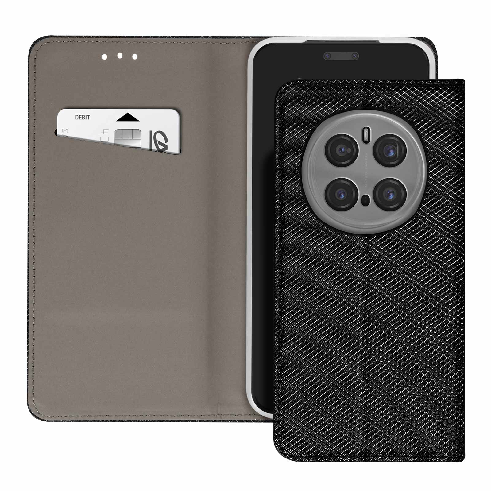 Custodia per telefono nera con slot per schede e telefono che mostra le fotocamere.